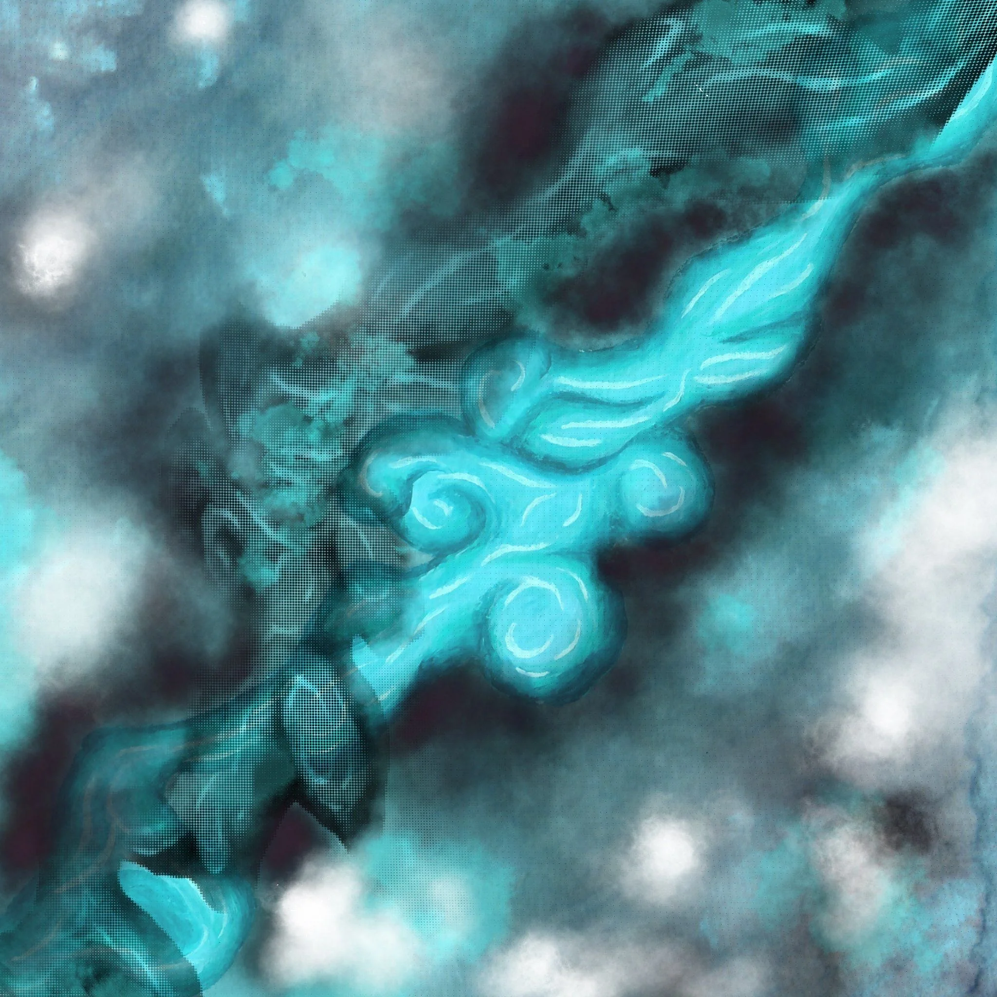 Abstract digital image with swirling blue and black colors, dotted patterns, and cloud-like textures.