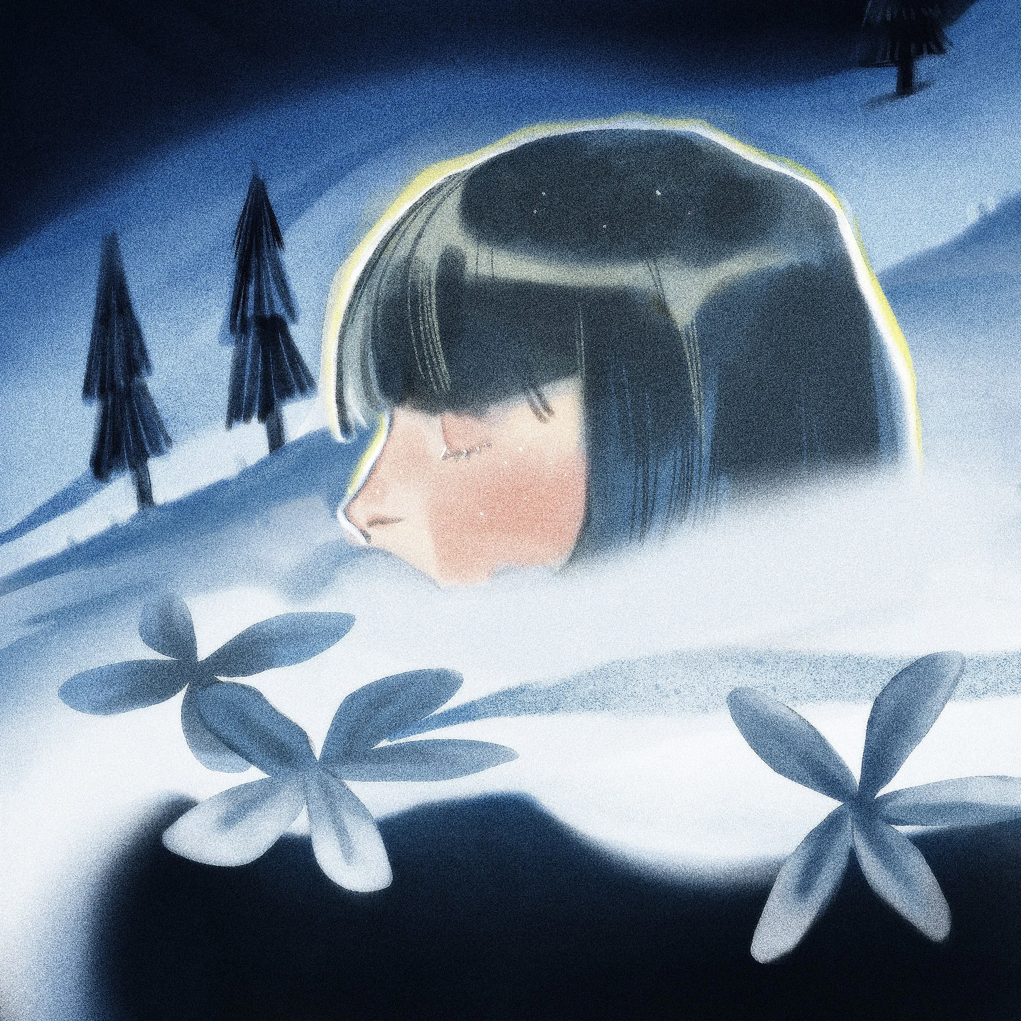 A digital illustration of a girl with short dark hair and blush on her cheeks, peacefully resting her face on a surface with white flowers, in a snowy landscape with pine trees in the background.