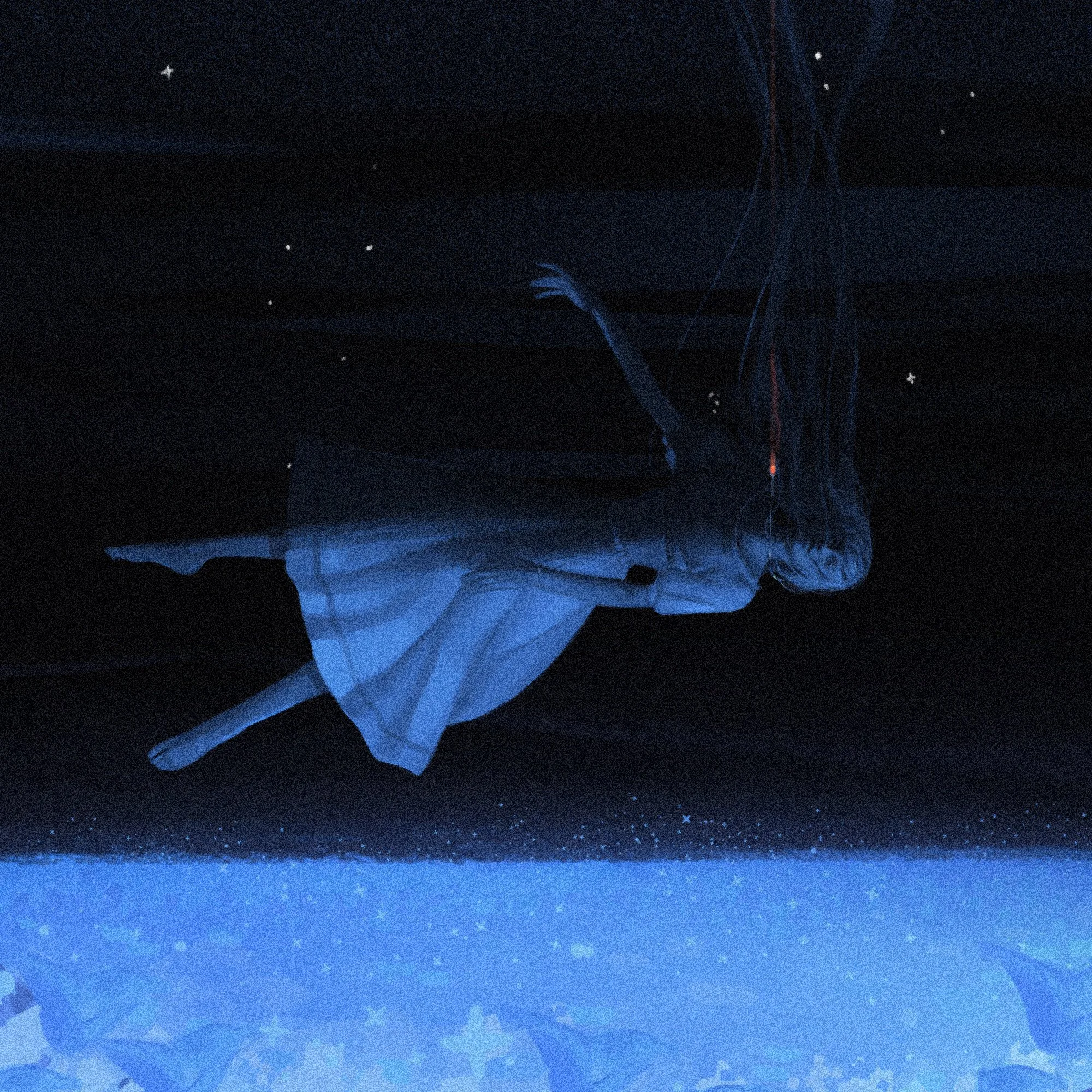 A jellyfish in the ocean illuminated with a blue light, with small white stars or particles around it.