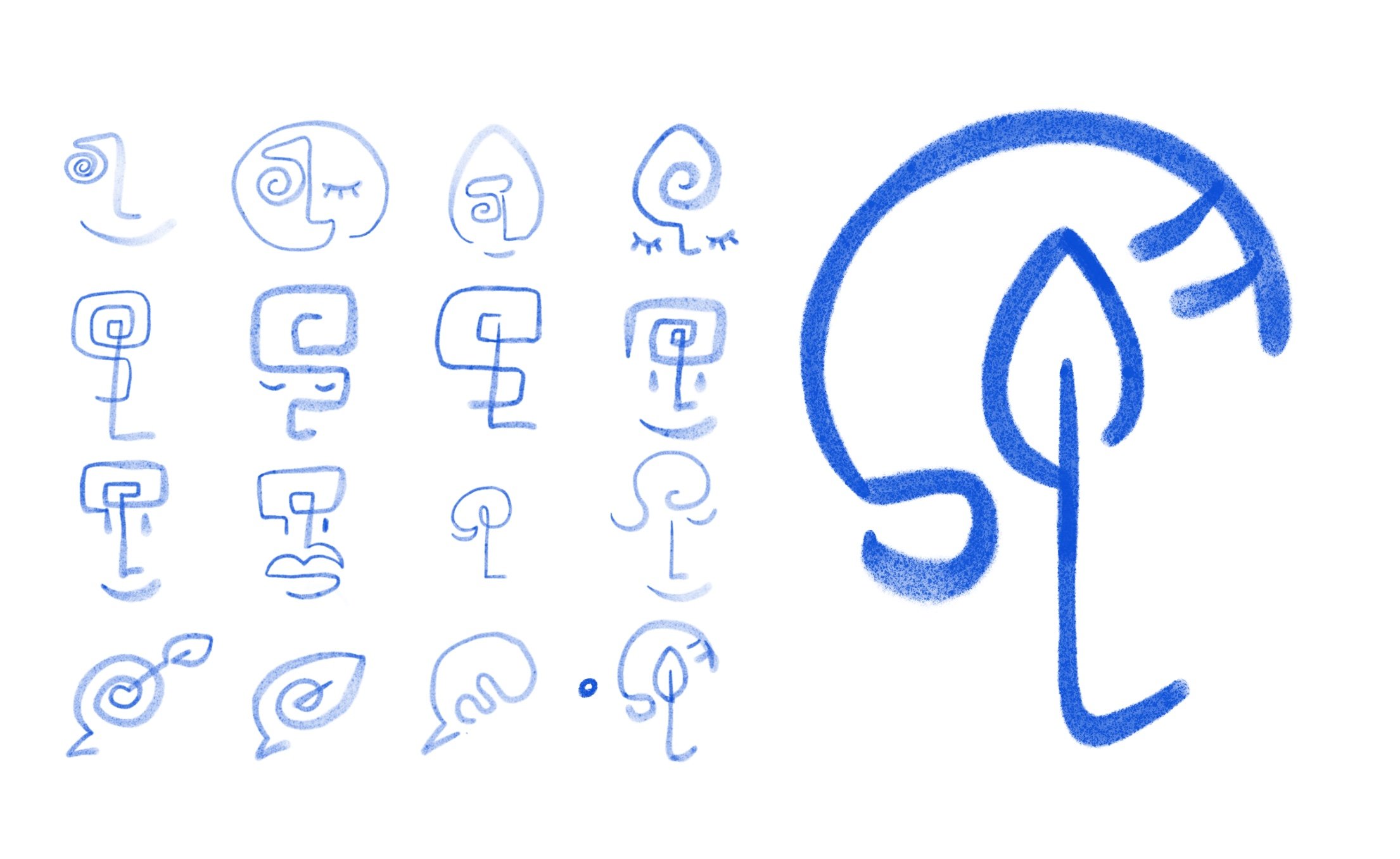 A collection of blue line drawings of various stylized faces with different expressions and a large, bold blue number 54 with a leaf design on the upper right side.