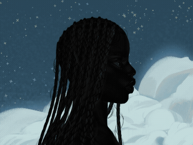 Silhouette of a woman with braided hair against a starry night sky, with a large moon and clouds in the background.