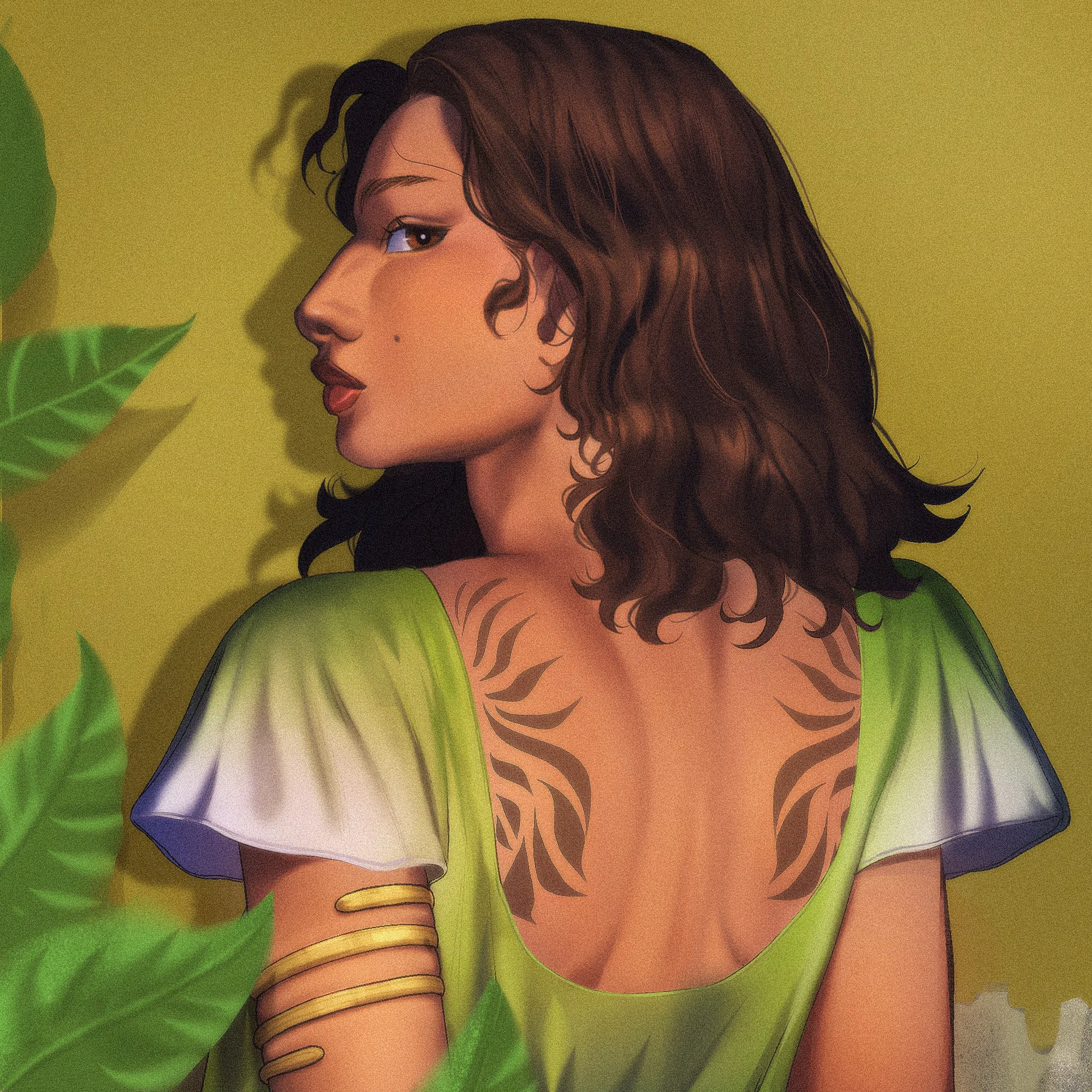 Artwork of a woman with brown wavy hair, wearing a green dress with floral tattoos on her back, surrounded by green leaves.