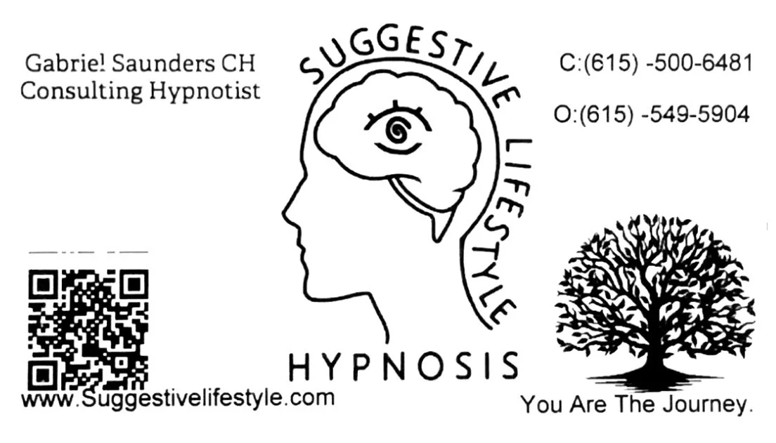 Business card for Suggestive Lifestyle Hypnosis featuring a logo with a human head outline and a brain illustration, a tree graphic, and contact information for Gabriel Saunders, a consulting hypnotist. The card includes a QR code, website URL, and phone numbers.
