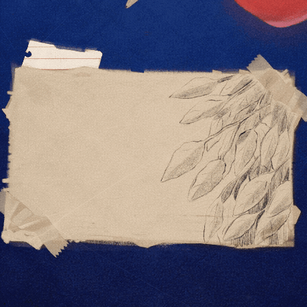 Sketch of a hand with detailed leaves on paper, taped to a surface.