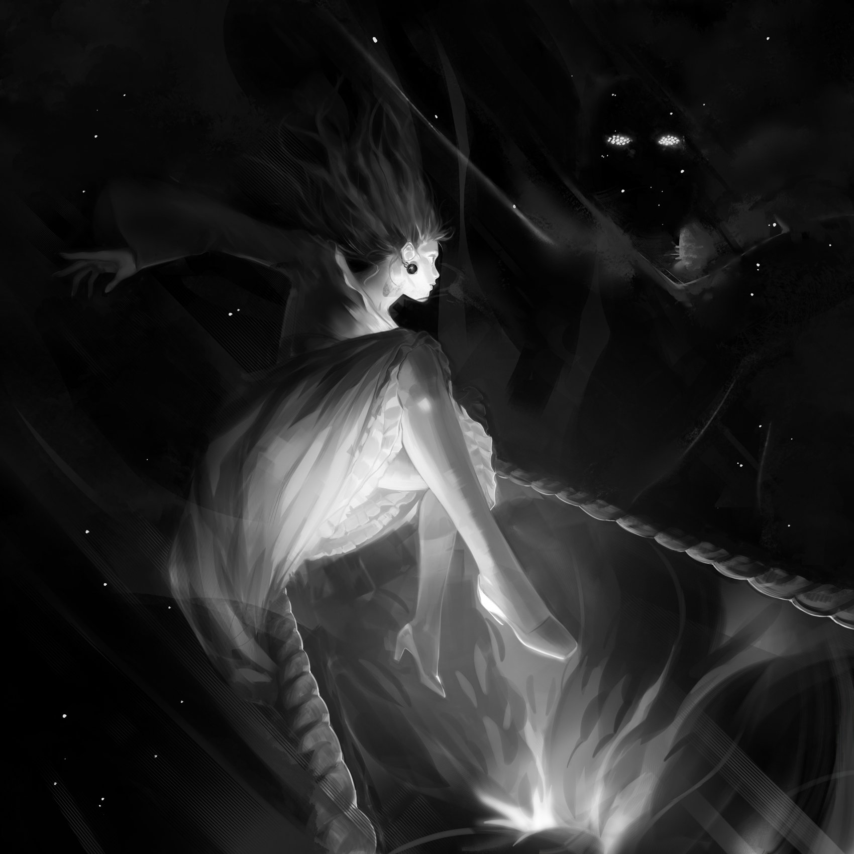 A woman escaping from a Dark Phantom in the background by entering a magic mirror.