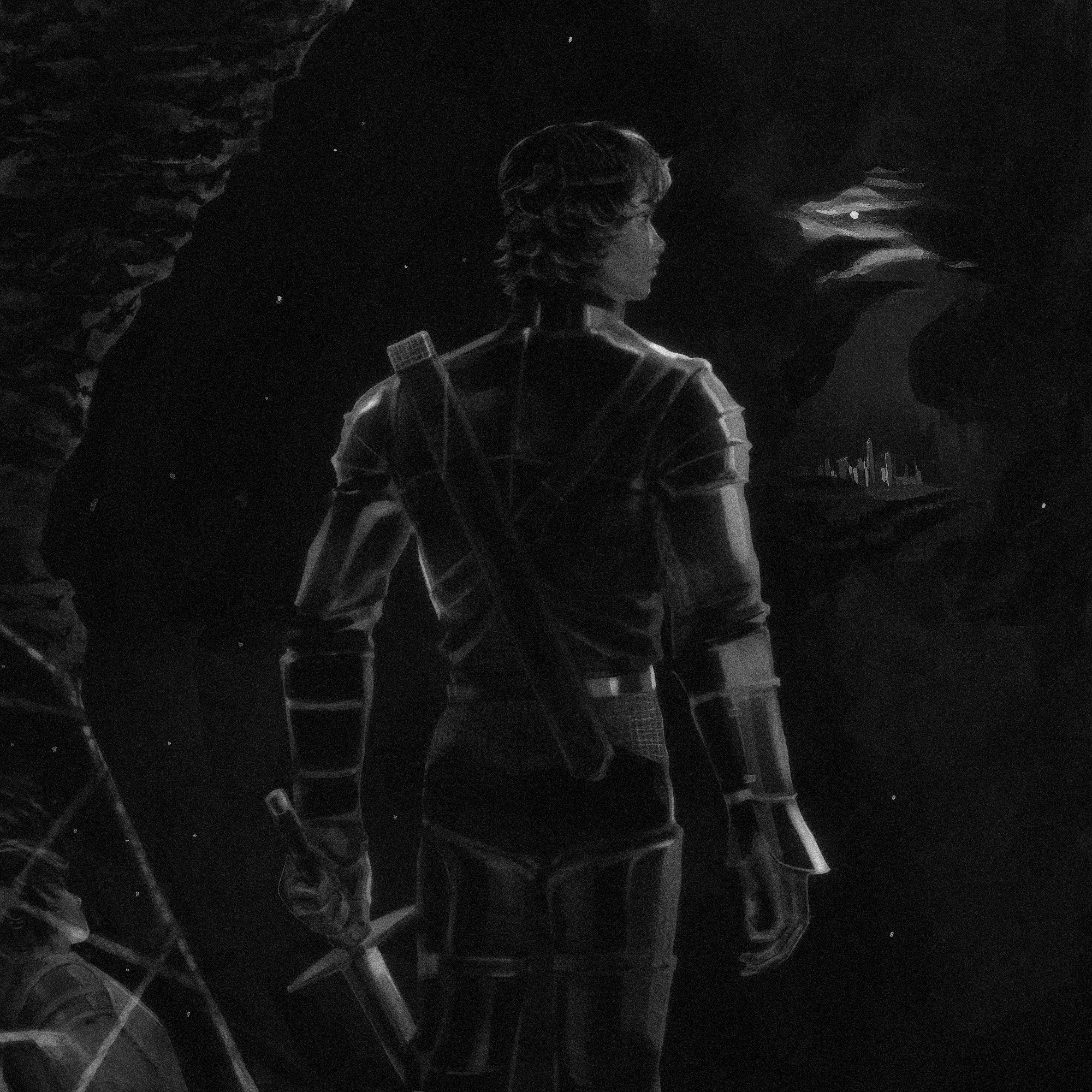 A black and white painting of a person in futuristic armor, looking to the right, holding a weapon, with a city skyline in the distance under a night sky.