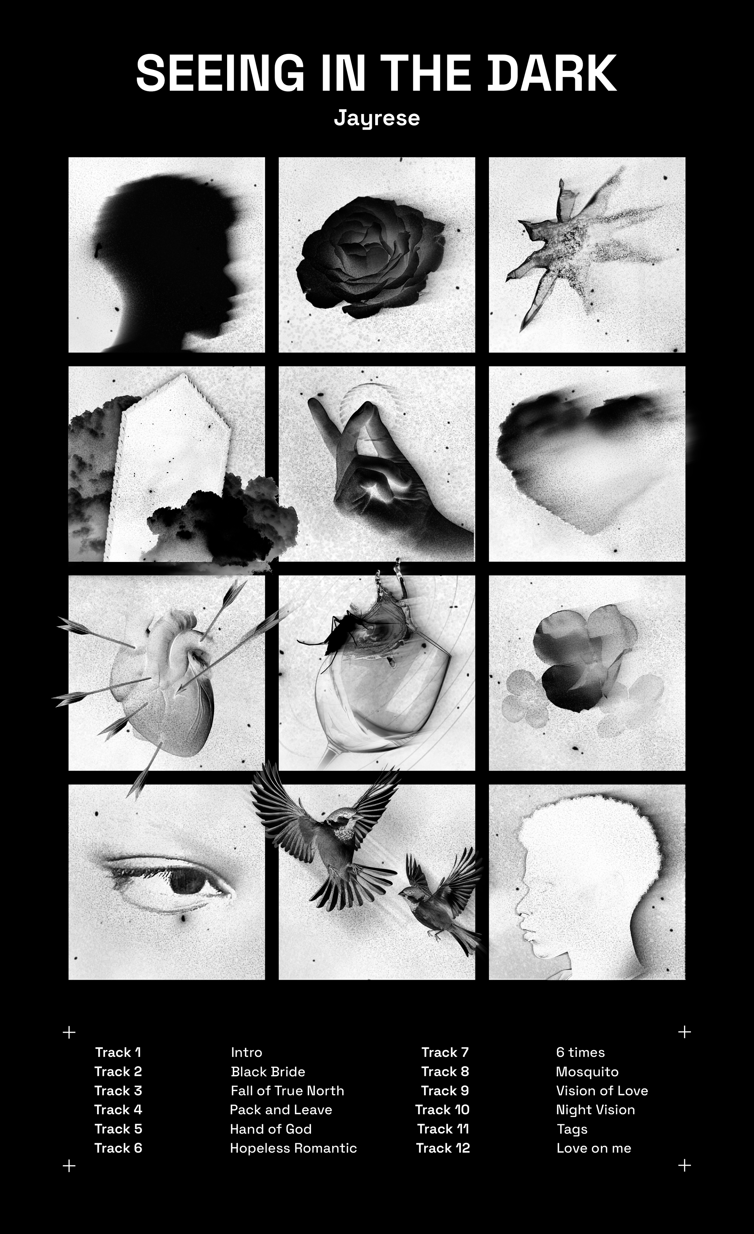 Album cover titled 'Seeing in the Dark' by Jayrese, featuring a grid of black and white artistic images including a shadowed profile, rose, abstract shapes, a person holding a flower, and birds, with a tracklist at the bottom.
