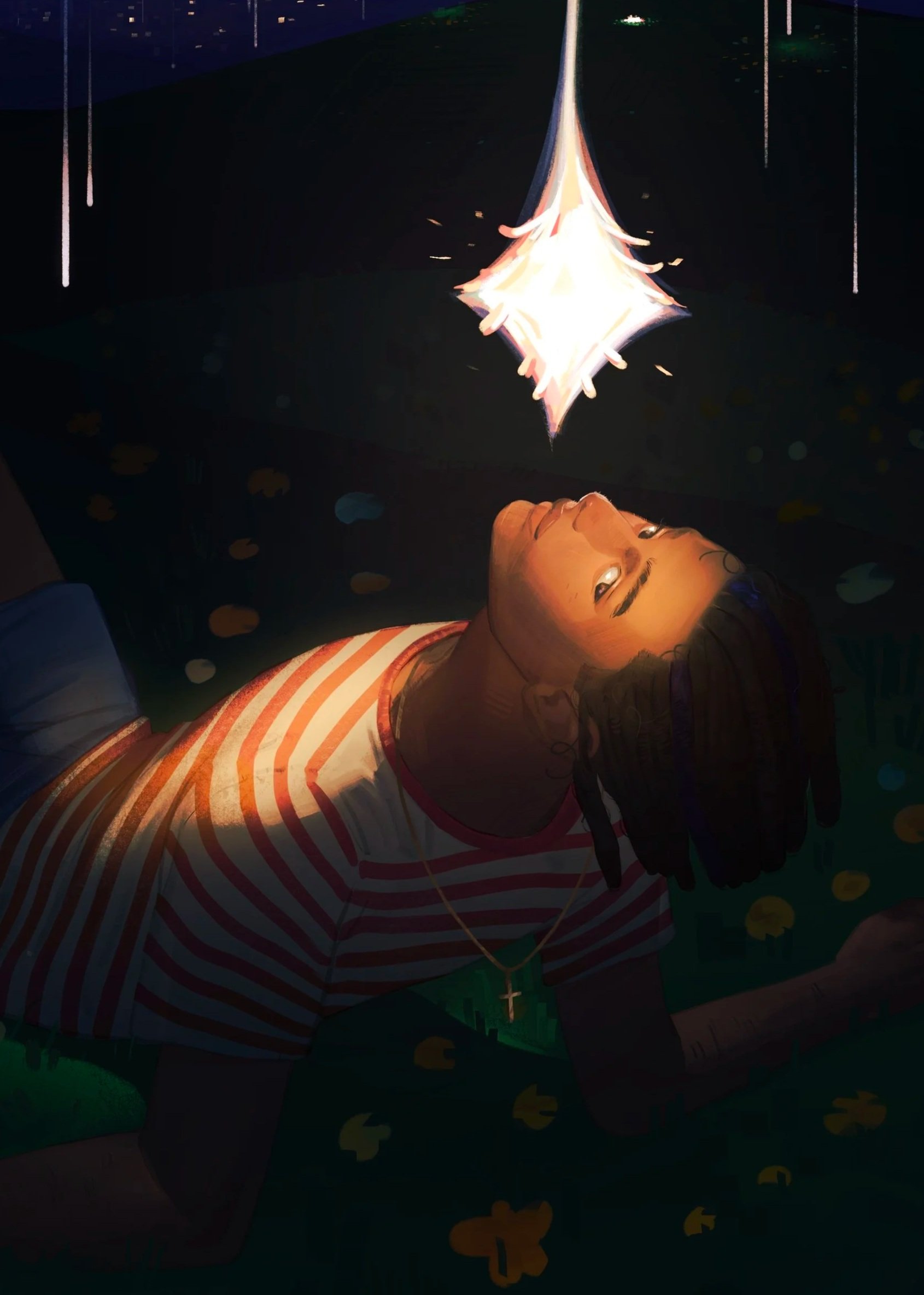 A person with dreadlocks wearing a red and white striped shirt, lying on their stomach on the floor, looking up at a bright, glowing pendant hanging down from the ceiling, in a dark room with scattered colorful floor markings.