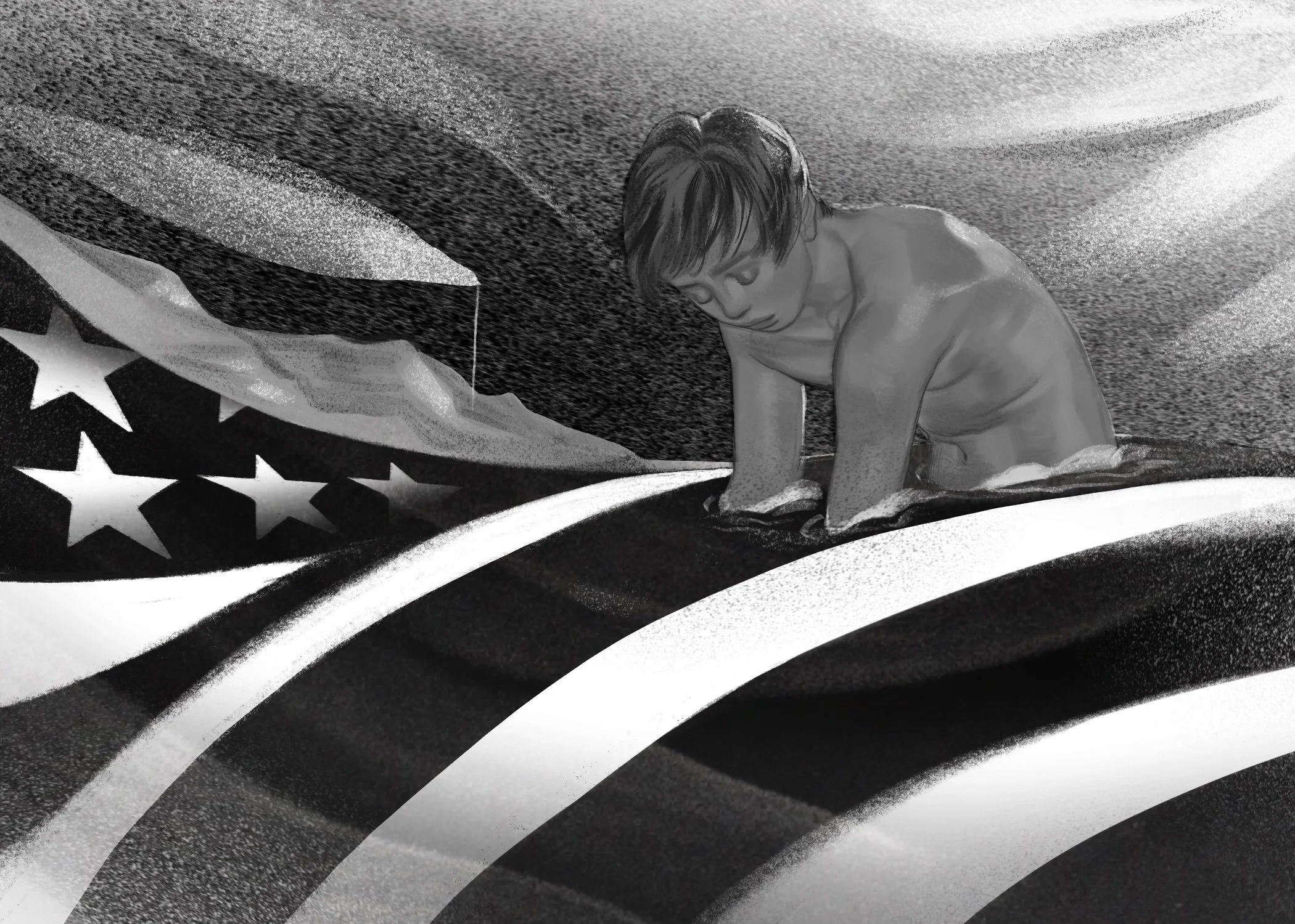 A young boy kneeling on the American flag with a tear falling from the flag, symbolizing loss and patriotism.