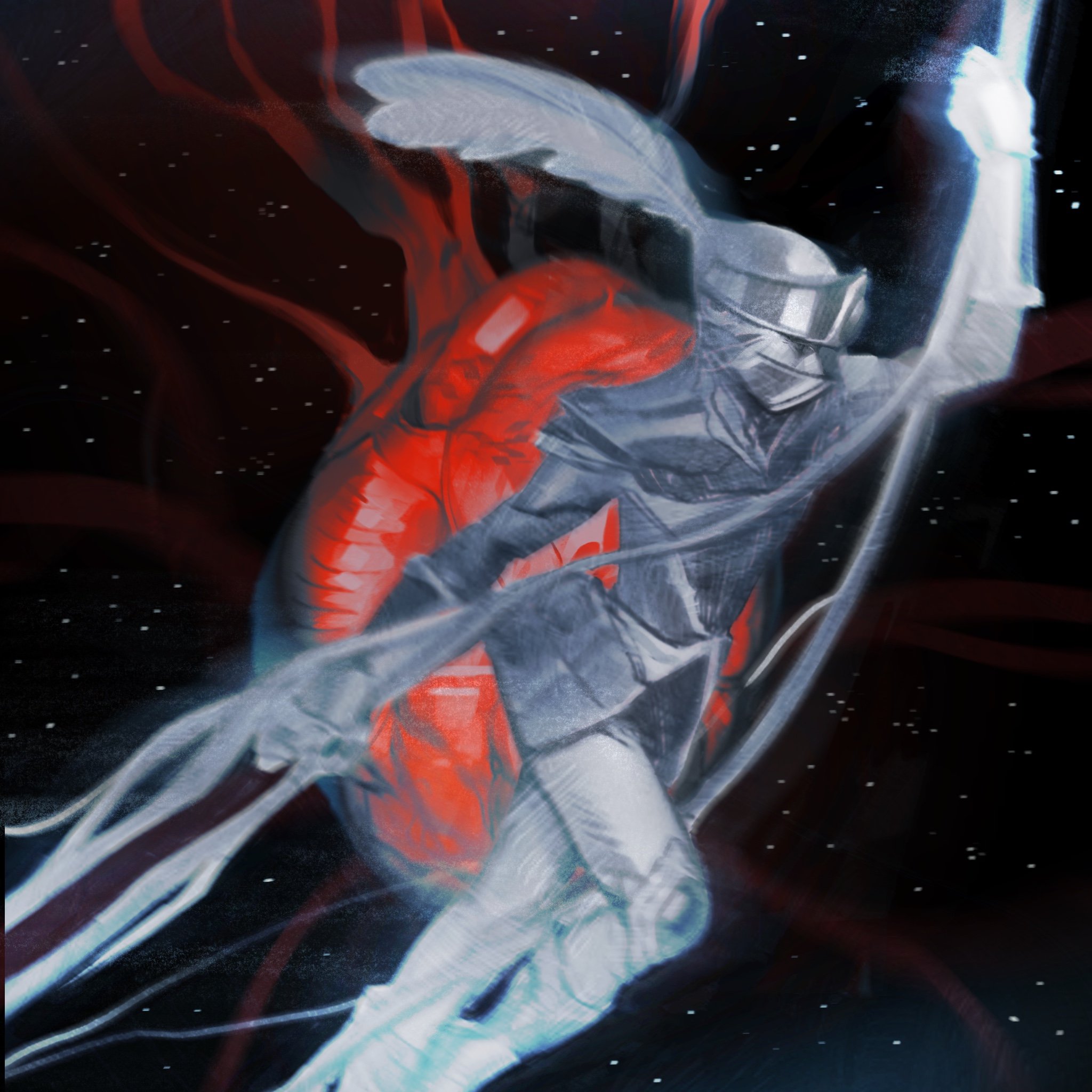A digital artwork of a baseball player in a dynamic pose, with a glowing red heart visible through the transparent parts of their clothing, set against a cosmic background with small star-like dots.
