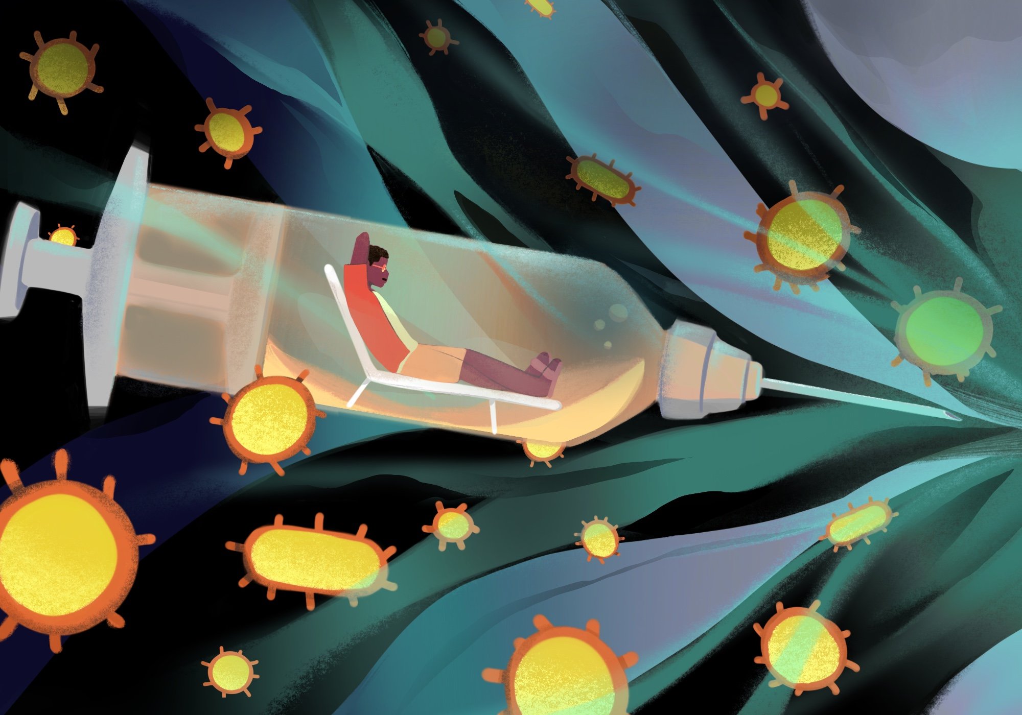 A digital illustration of a person sitting in a transparent spaceship surrounded by floating cartoon-like viruses. The person appears relaxed, with legs stretched out, as the spaceship navigates through a dark, abstract, and colorful background.