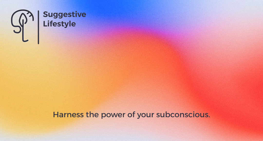 Colorful gradient background with a logo of a flamingo and the text 'Suggestive Lifestyle' in the upper left corner, and the phrase 'Harness the power of your subconscious.' centered in the image.