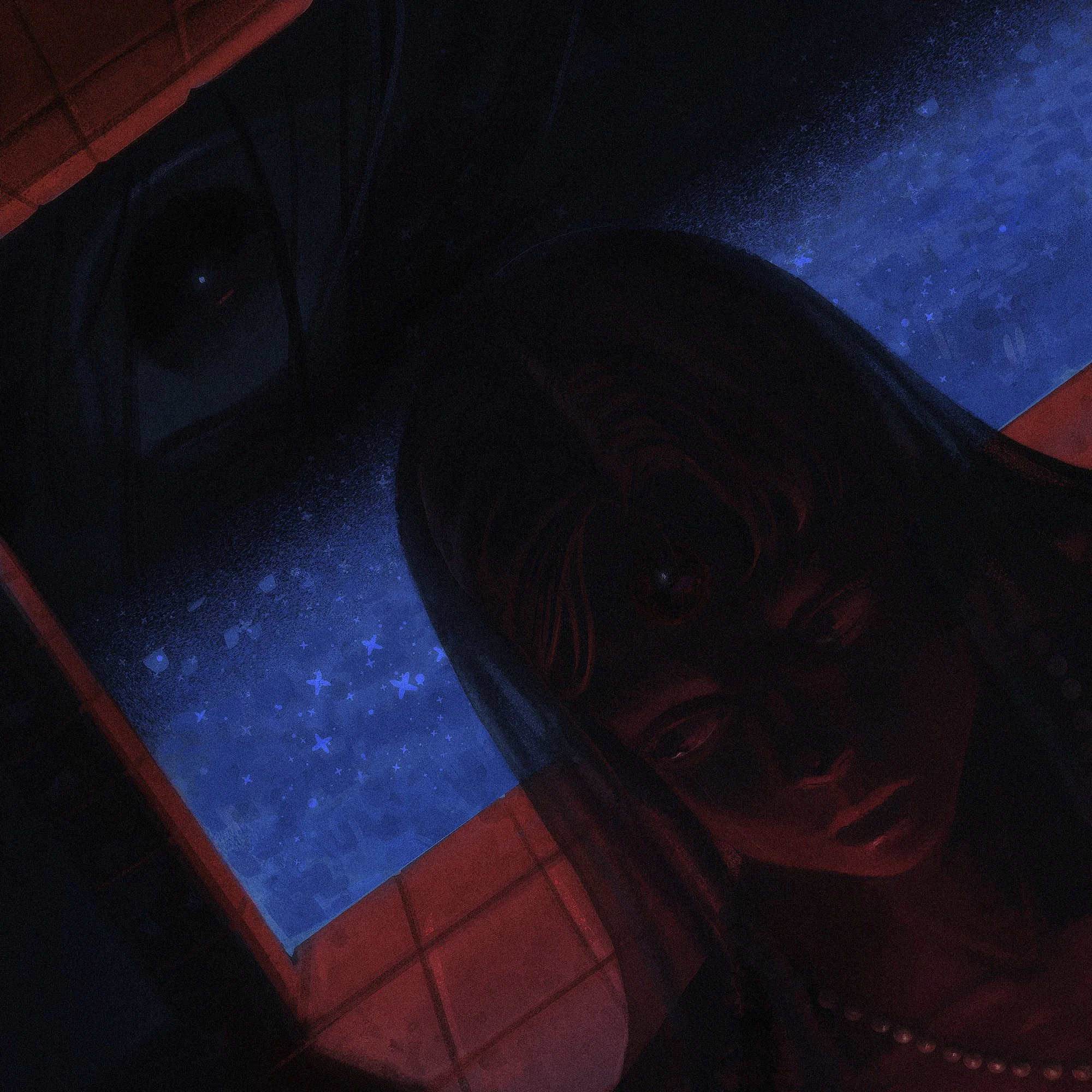 A dark mural of a woman's face with closed eyes, painted with red and black tones, surrounded by blue specks resembling stars, and framed by red tiled walls.