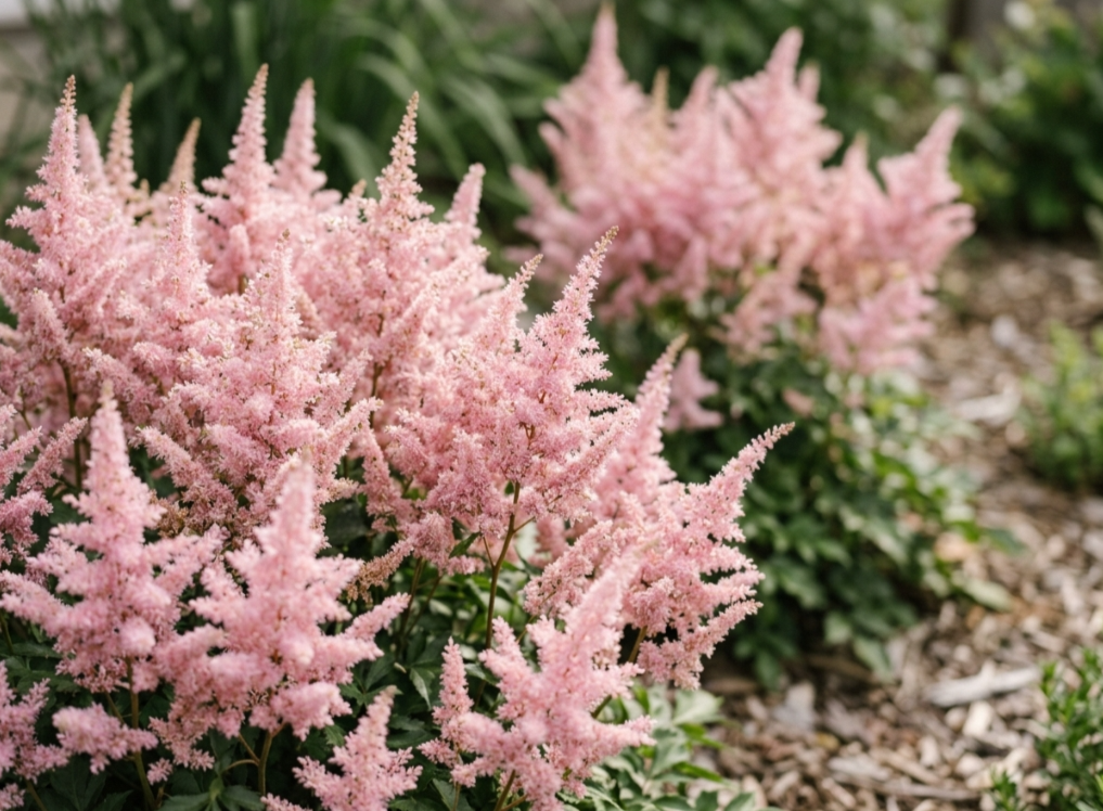 Mature pink astilbes in a garden