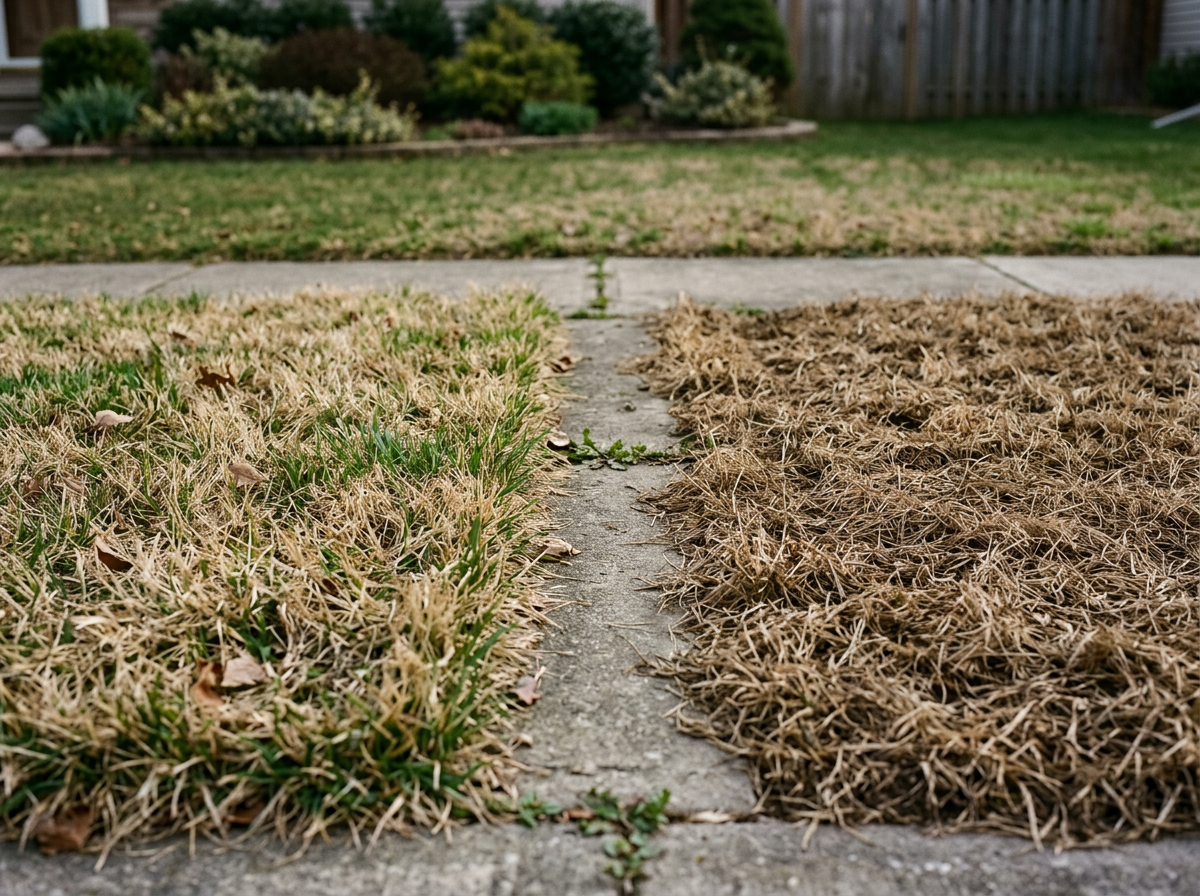 Dormant grass (left) still shows green at the base, while dead grass (right) has no green left.