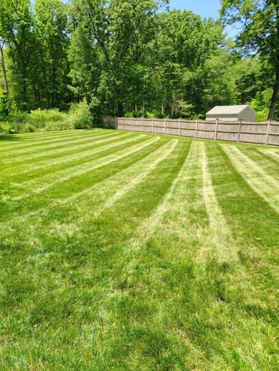 Freshly mowed lawn in a backyard in Bedford, MA.