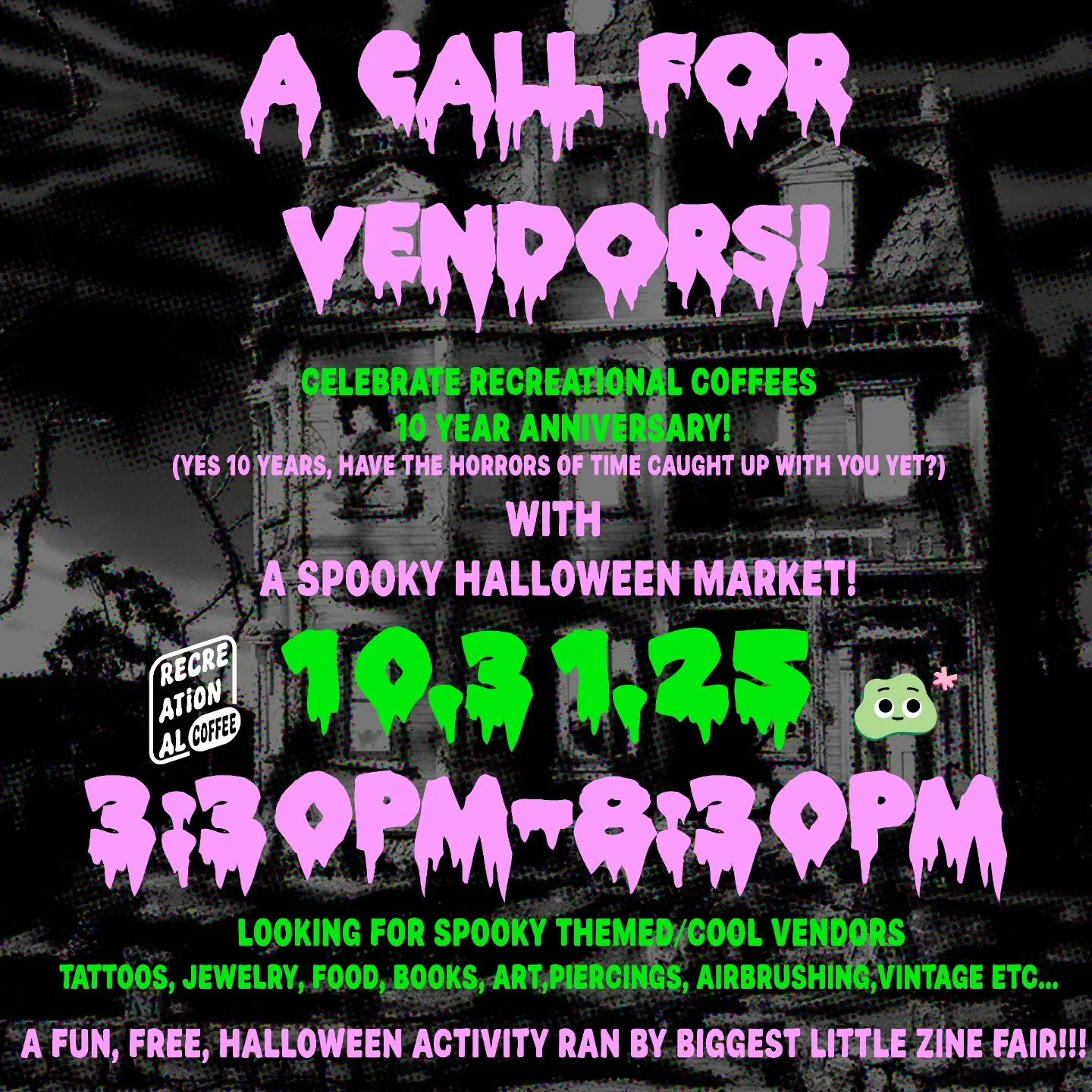 oh my god... TEN YEARS OF RECREATIONAL COFFEE??? AND A FUN SPOOKY SILLY FUN EXTRAVAGANZA TO CELEBRATE??? yes please!!! 🙋&zwj;♀️💜🖤👻

this is our call to vendors!! in collaboration with @biggestlittlezinefair we are throwing a lil market in our cou