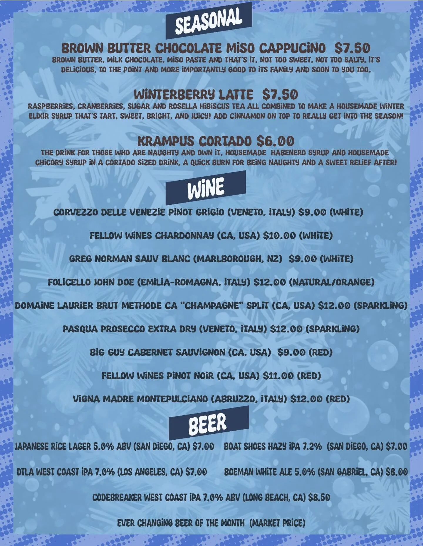 ☃️❄️ NEW WINTER DRINK LINEUP ❄️☃️

💙 brown butter miso cappuccino 💙
brown butter, milk chocolate, miso paste, and that&rsquo;s it. Not too sweet, not too salty! This syrup in a cappuccino is heavenly and deliciously simple!

💙 winterberry latte 💙