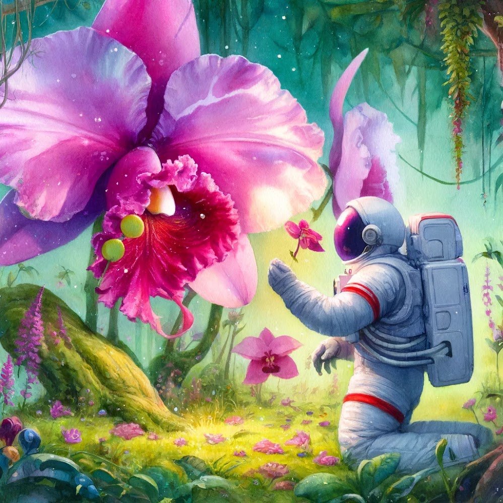 DALL·E 2024-05-25 09.50.00 - A watercolor painting of an astronaut collecting pollen from a giant orchid. The astronaut, in a white spacesuit, is carefully gathering pollen from t.jpg