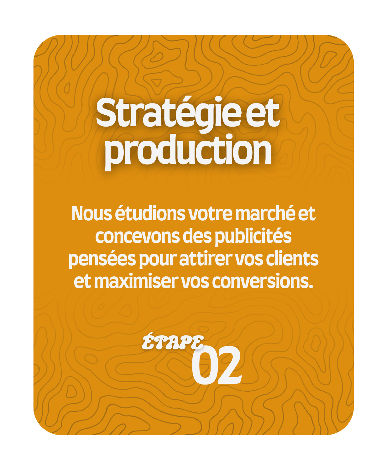 Étape 2 du processus DMGS Media : stratégie marketing et production de publicités basées sur l’analyse du marché pour attirer des clients et maximiser les conversions.