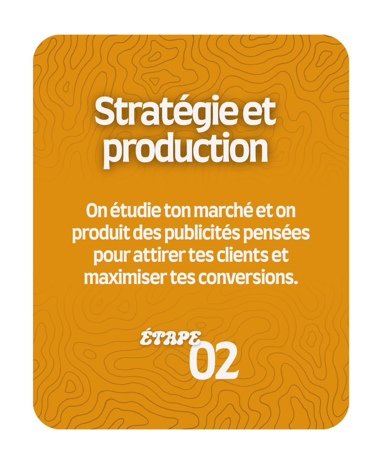 Étape 2 du processus DMGS Media : stratégie marketing et production de publicités basées sur l’analyse du marché pour attirer des clients et maximiser les conversions.