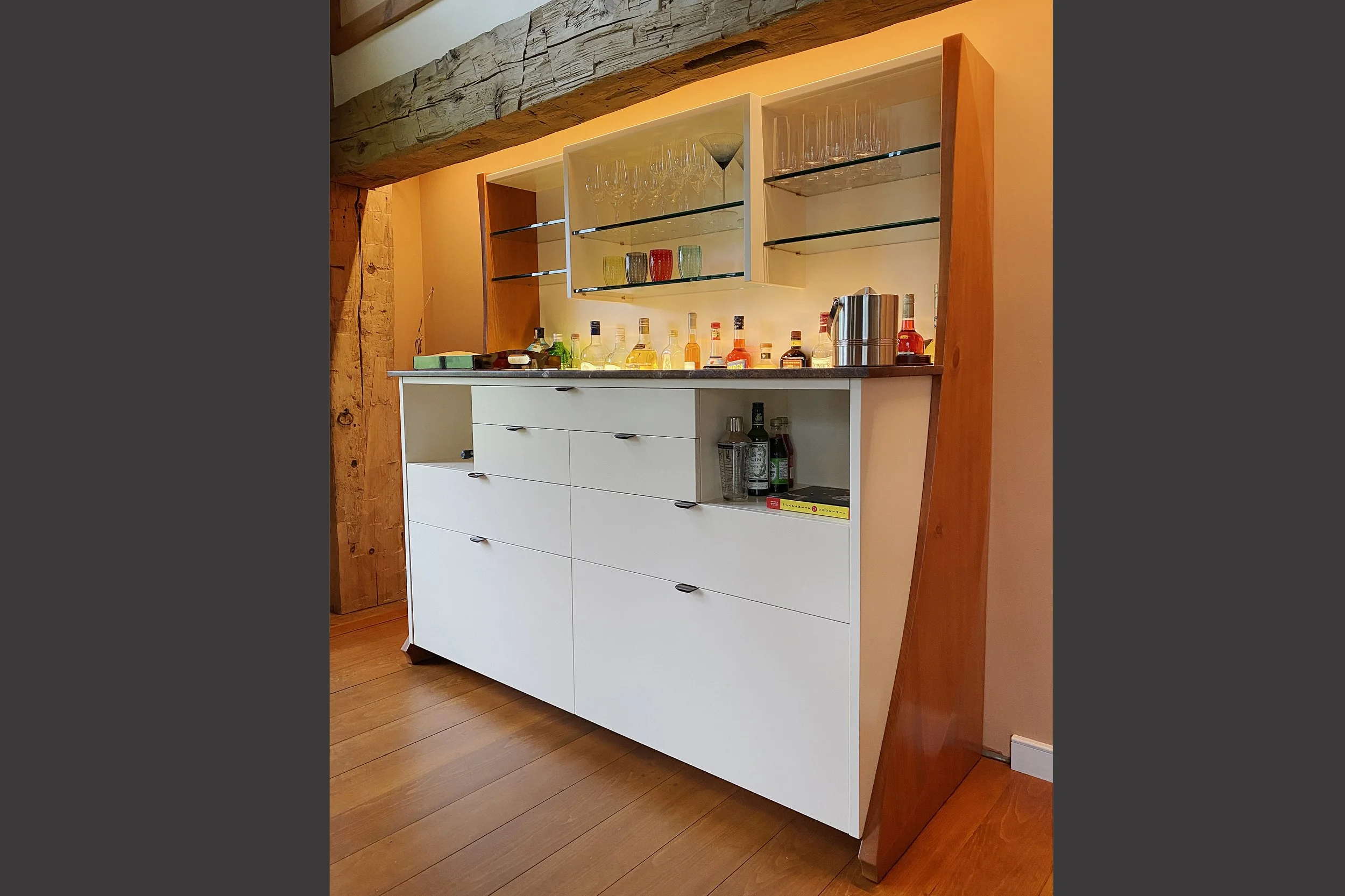 Monty's Bar Cabinet - Pine &amp; White Lacquer  with Granite Counter