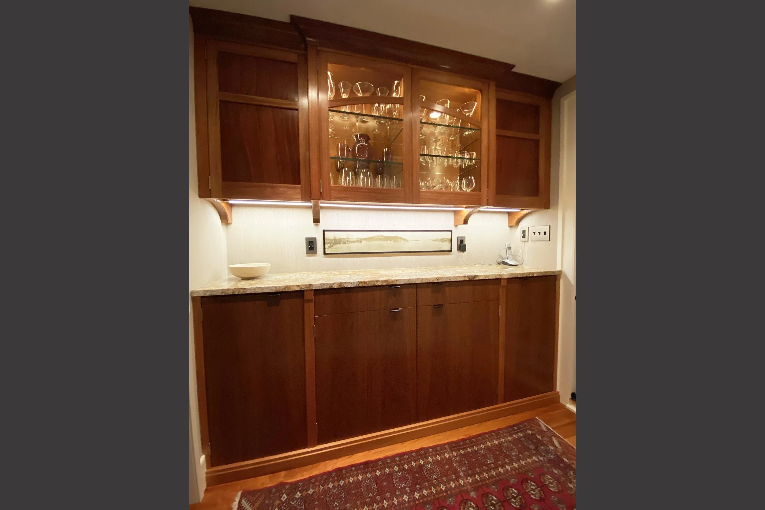"Thom's" Sideboard Cabinetry - Cuban Mahogany Veneer, Coachwood Veneer &amp; Mahogany with  Granite Counter