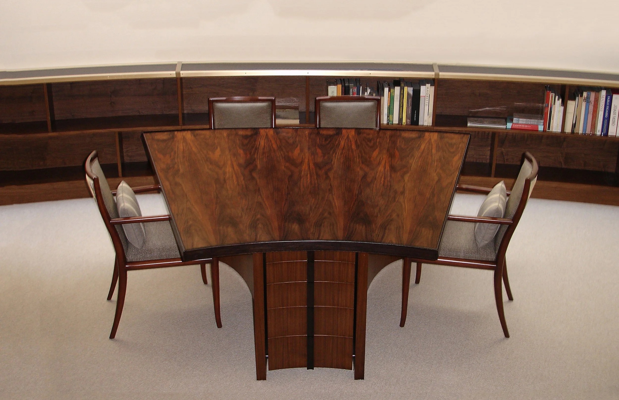 "Hardymon" Library Table with Curved Shelving -  French Walnut Veneer,  Quartered Walnut Veneer,   Walnut &amp; Ebony 