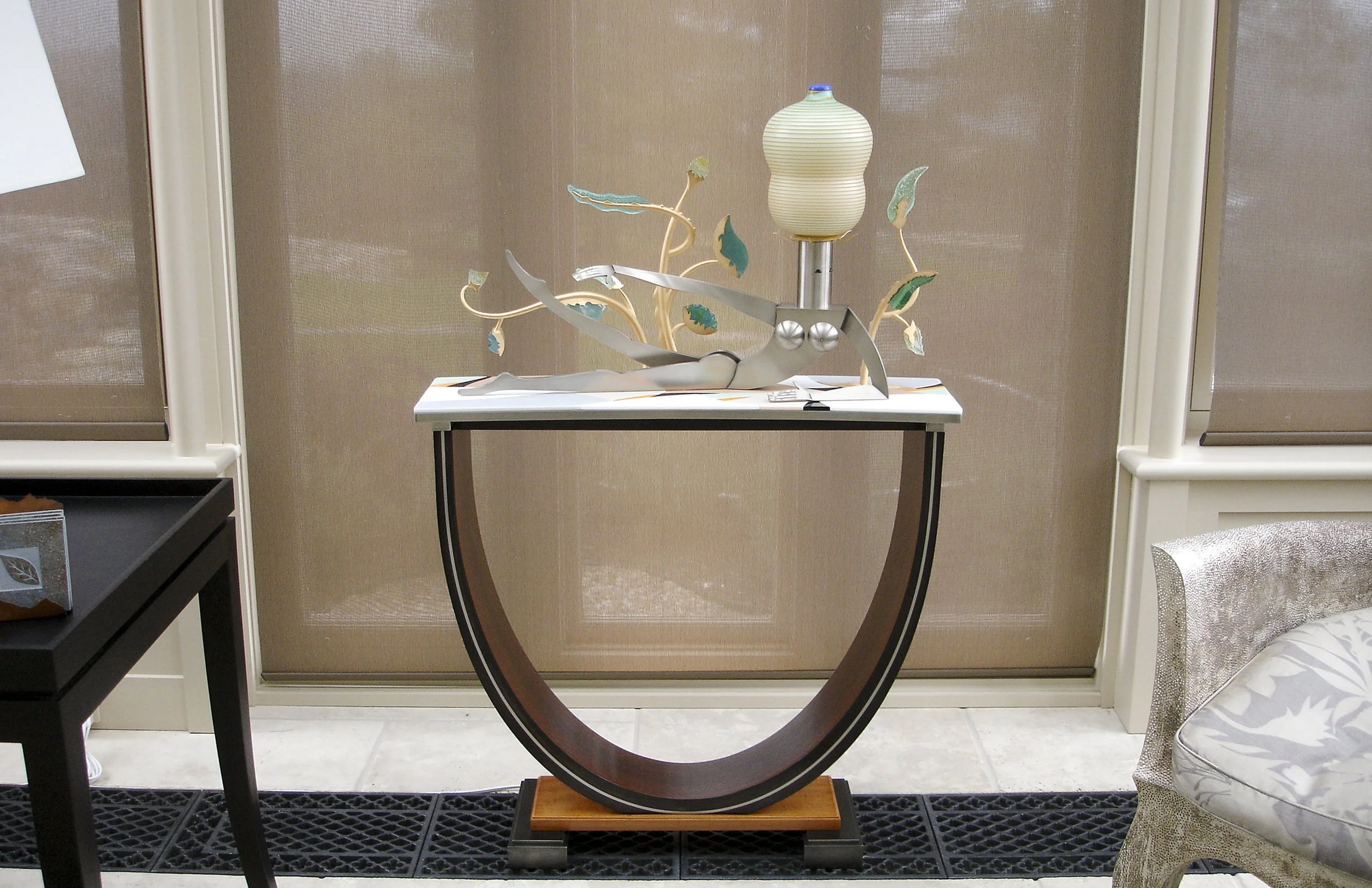 "Deco"  Sculpture Base - East Indian Rosewood Veneer, Pear Wood &amp; Steel