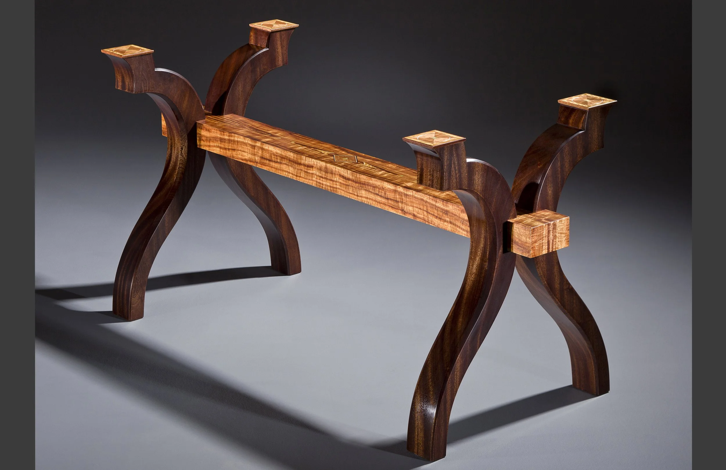 Dena Curves" Glass Top Table Base - Koa Veneer &amp; Walnut
