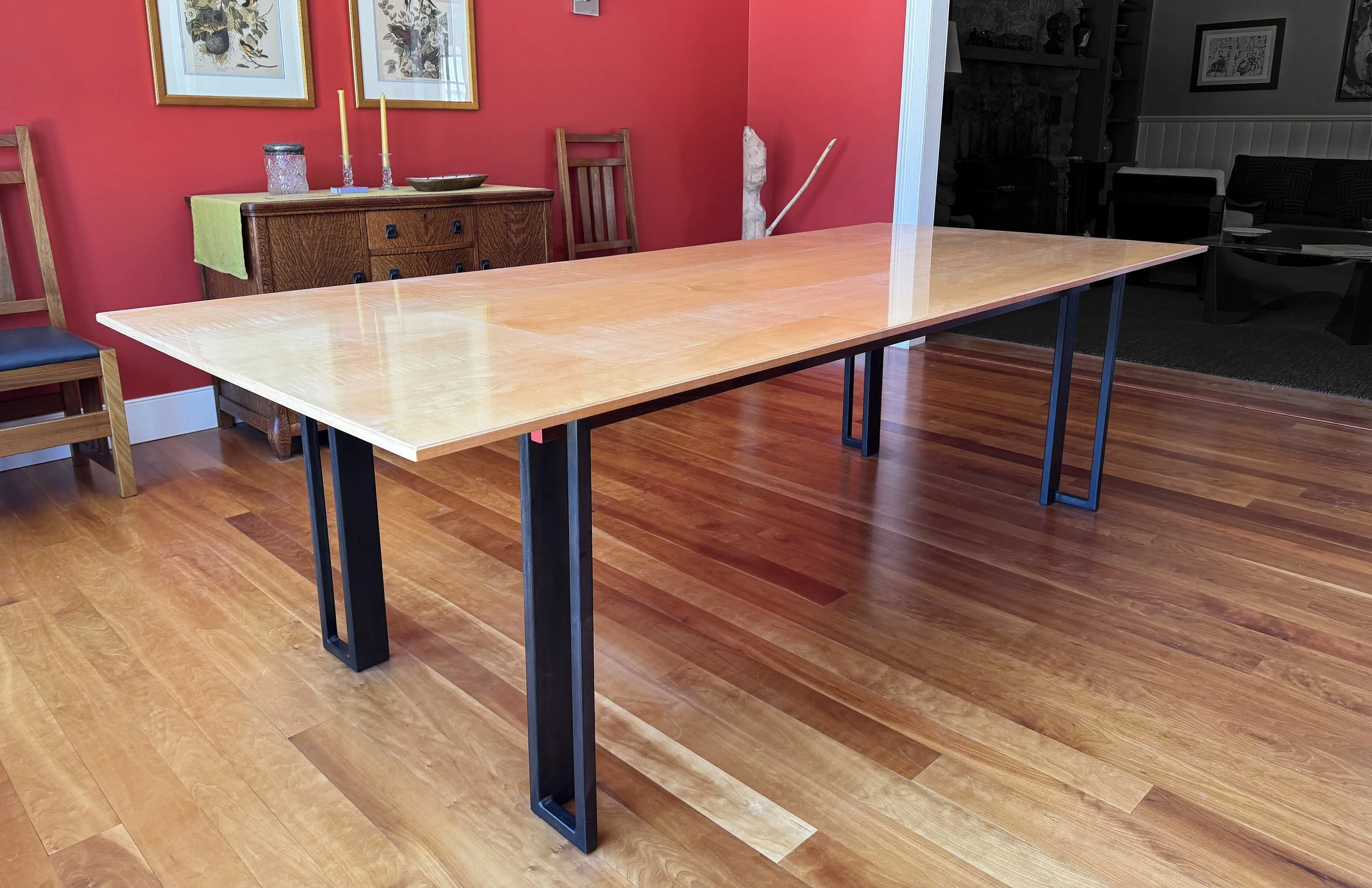 "Thom's" Dining Table - Highly Figured Maple Top,  Pommele &amp; Gun Blued Steel Base