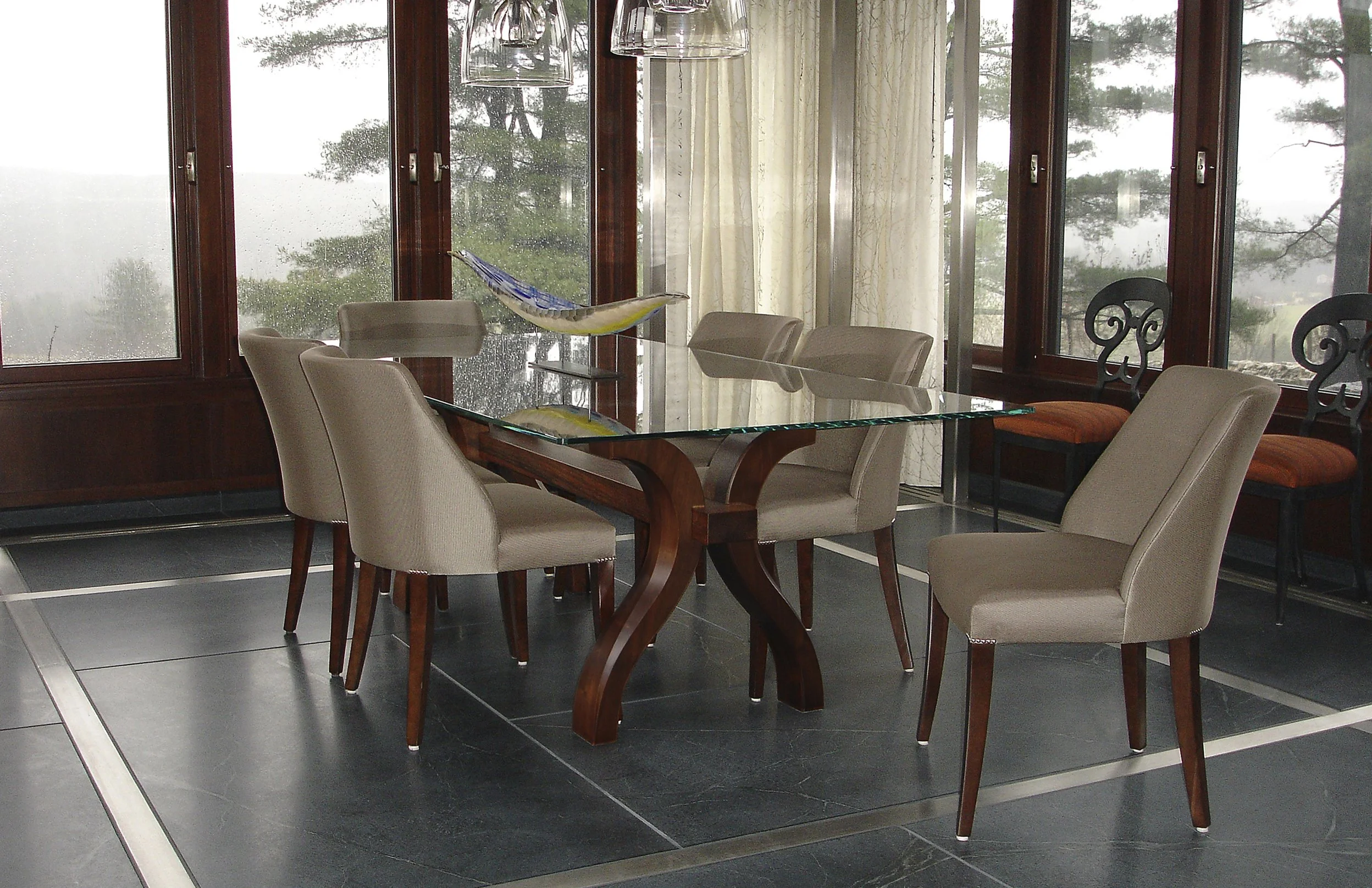 "Dena Curves" Glass Top Dining Table - French Walnut Veneer &amp; Walnut 
