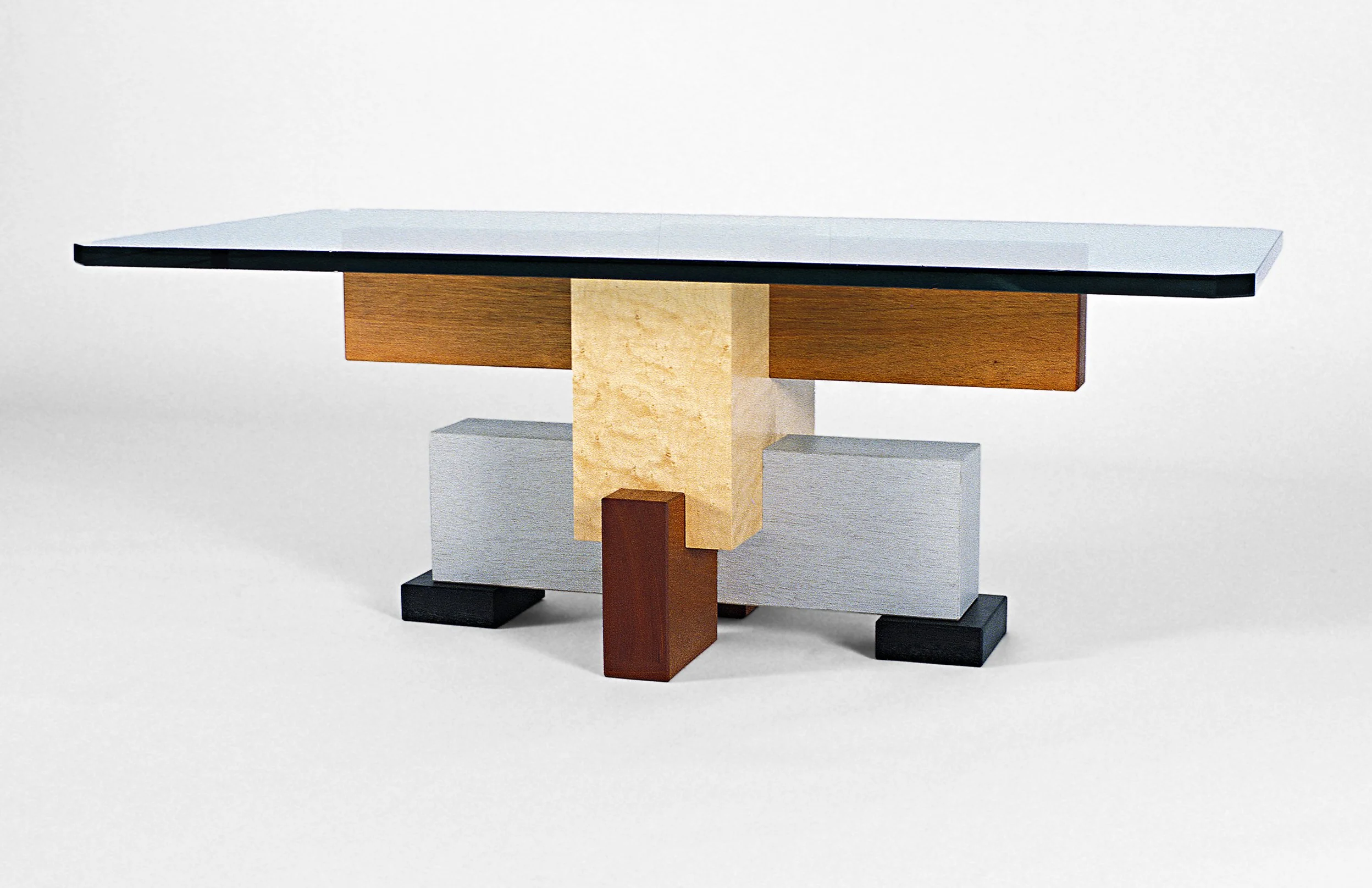 "Mighty Mite" Glass Top Coffee Table - Birdseye Maple Veneer, Mahogany &amp; Mono-Chromed Mahogany
