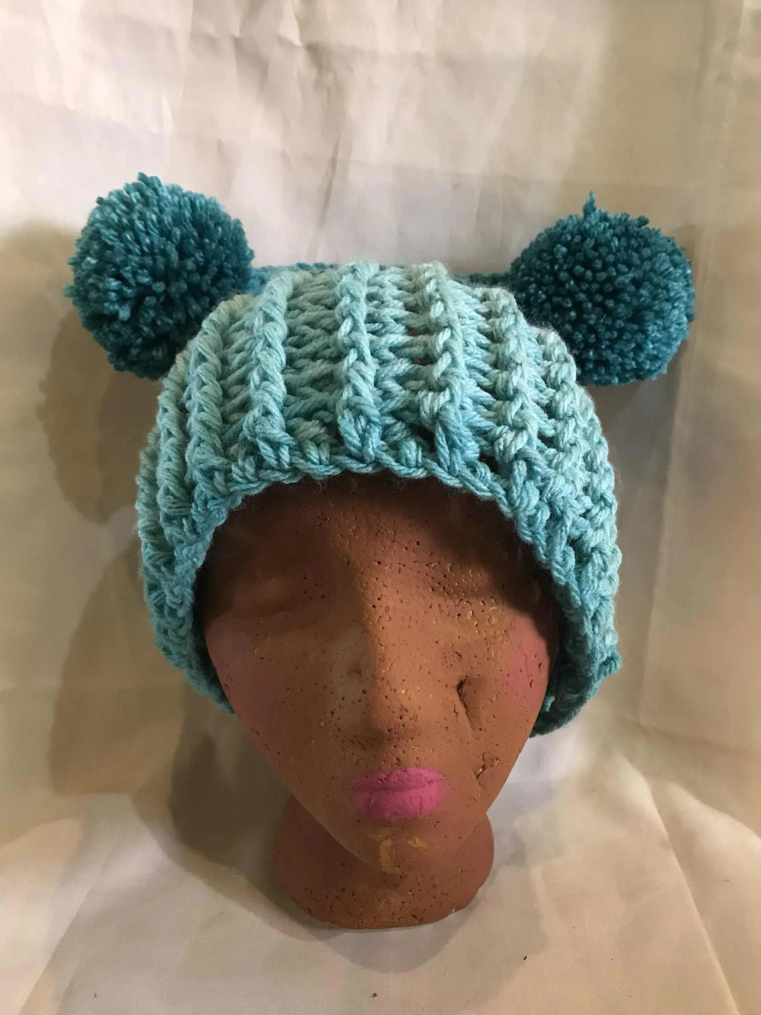 Hand Crocheted Ombre Teal hat with double Pom Poms!