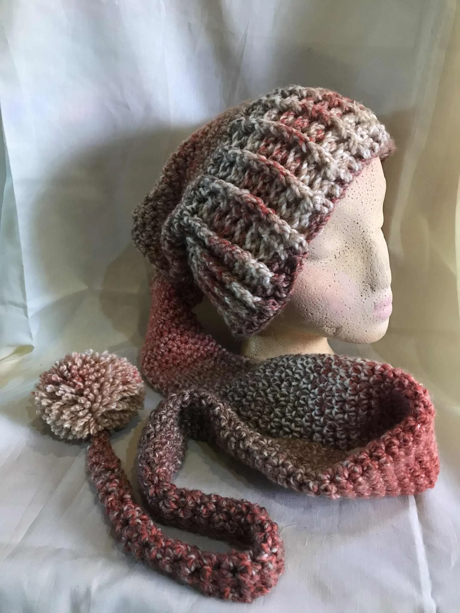 Hand Crocheted Long Stocking Hat with pom pom