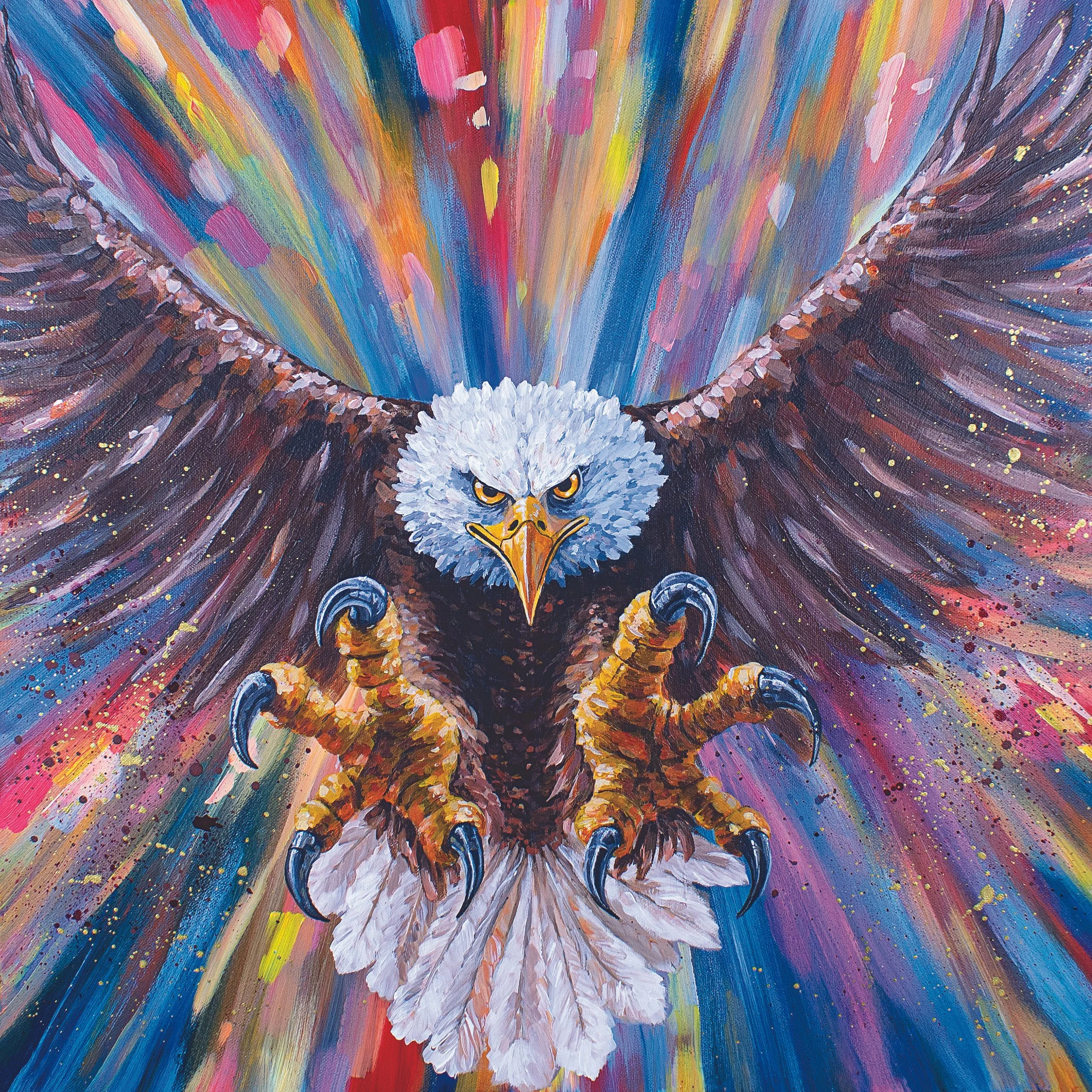 A colorful painting of a bald eagle's head with an abstract rainbow background.