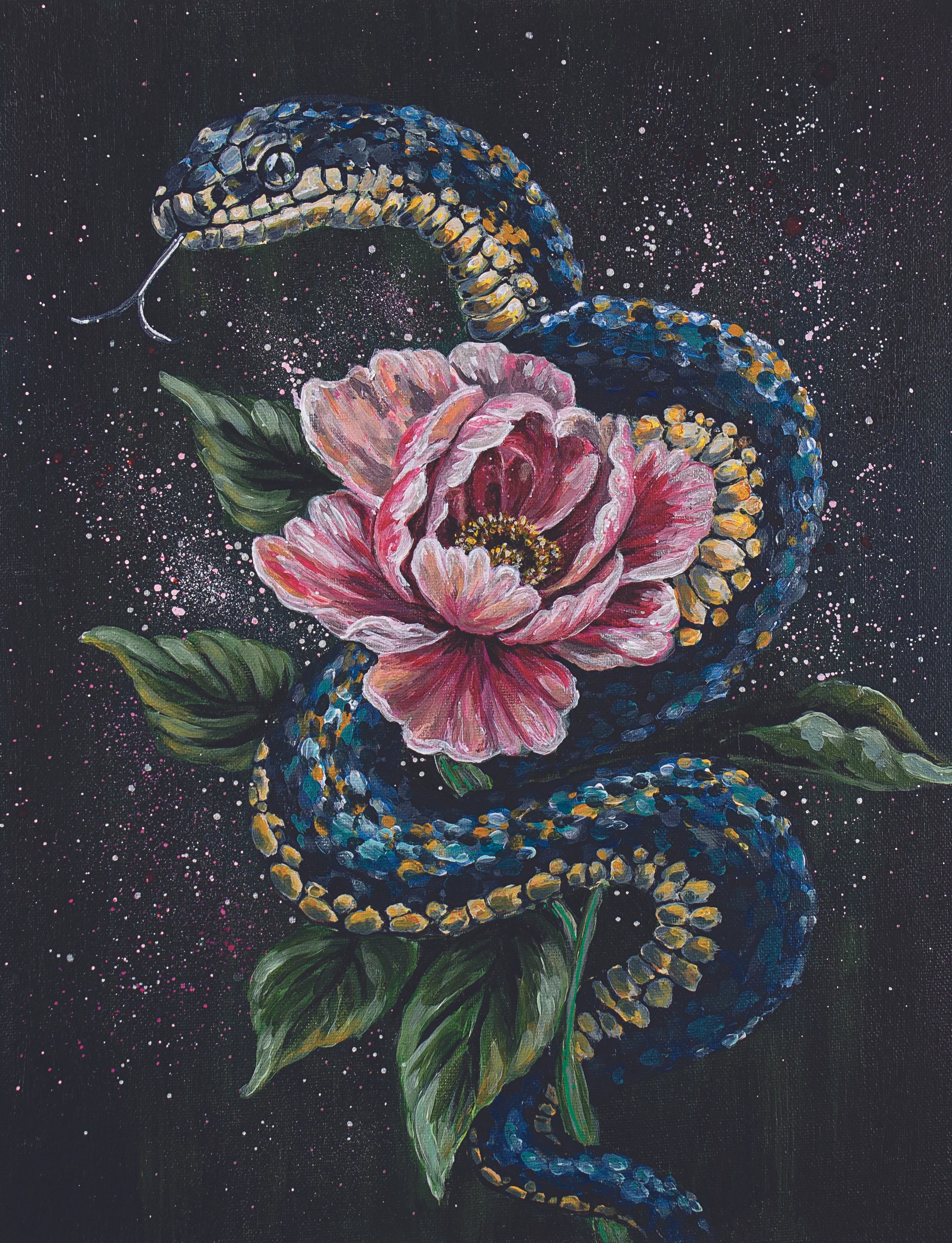 A painting of a snake intertwined with a pink peony flower and green leaves, set against a dark starry background.