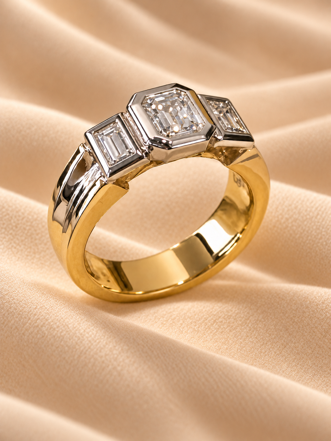 Anillo dorado de tres diamantes sobre seda.png