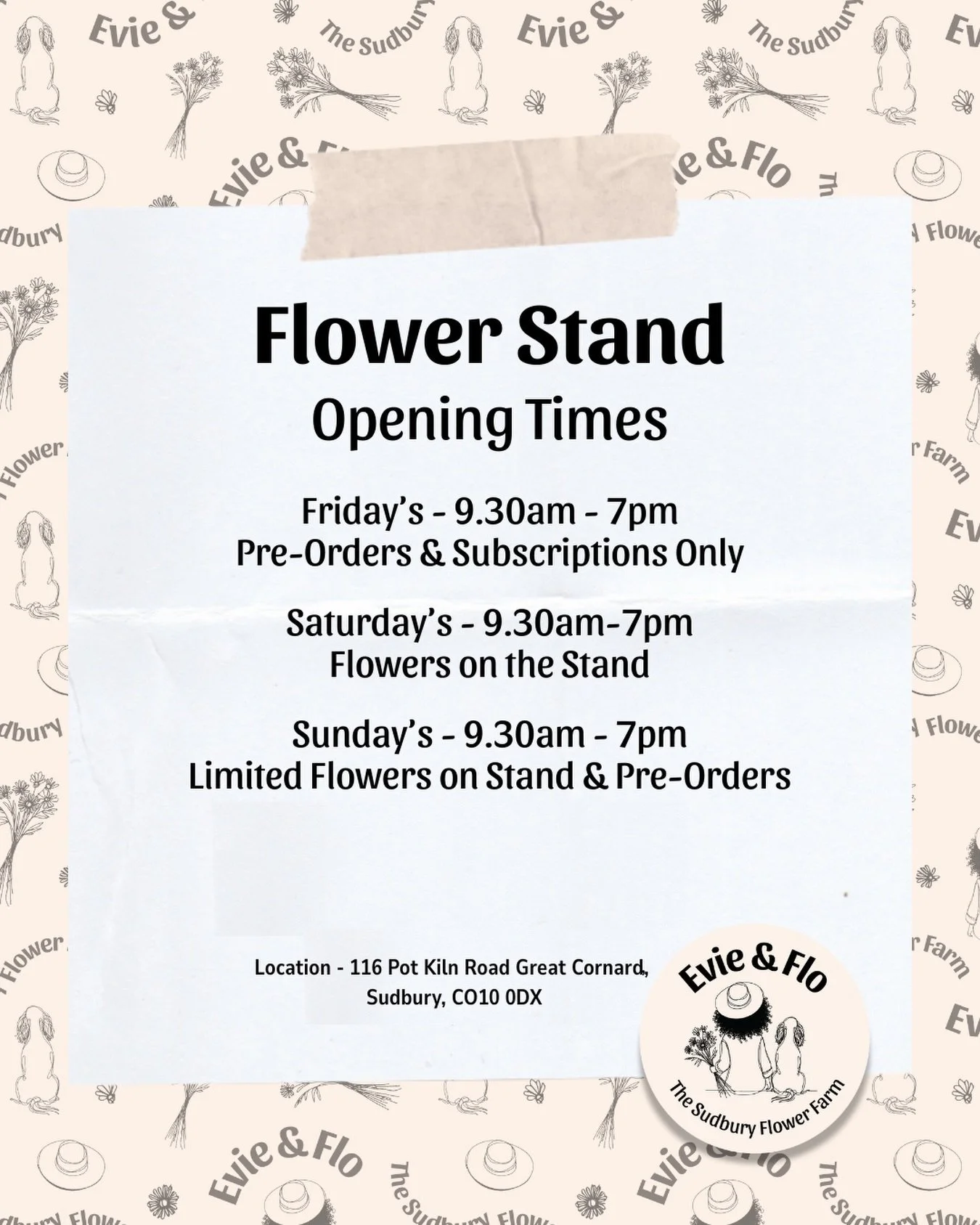 A little guide to how the flower stand works 🌷

Our little roadside stand is at 116 Pot Kiln Road, Great Cornard, Sudbury, and it&rsquo;s where most of our weekly flowers find their homes.

Fridays, 9.30am&ndash;7pm &mdash; pre-orders and subscripti