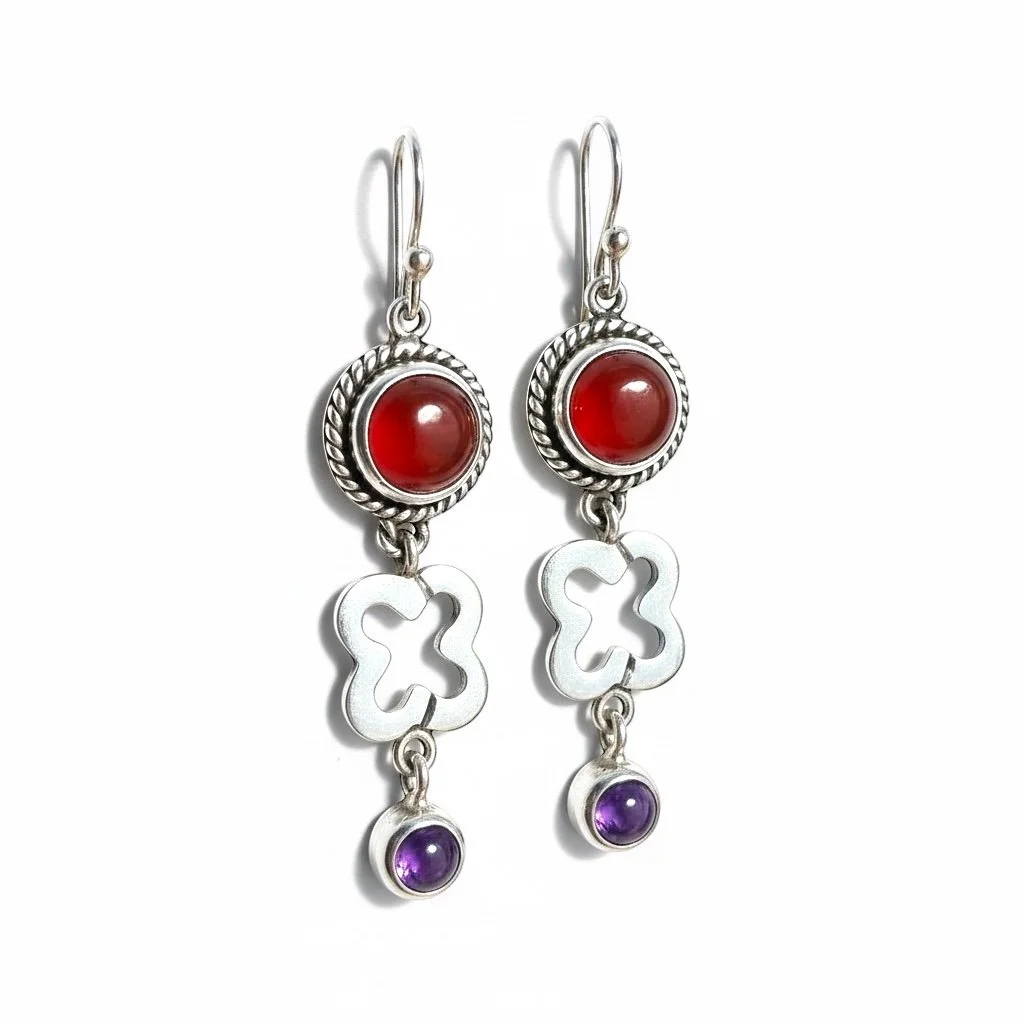 Barbara Red Agate & Amethyst Earrings in Sterling Silver