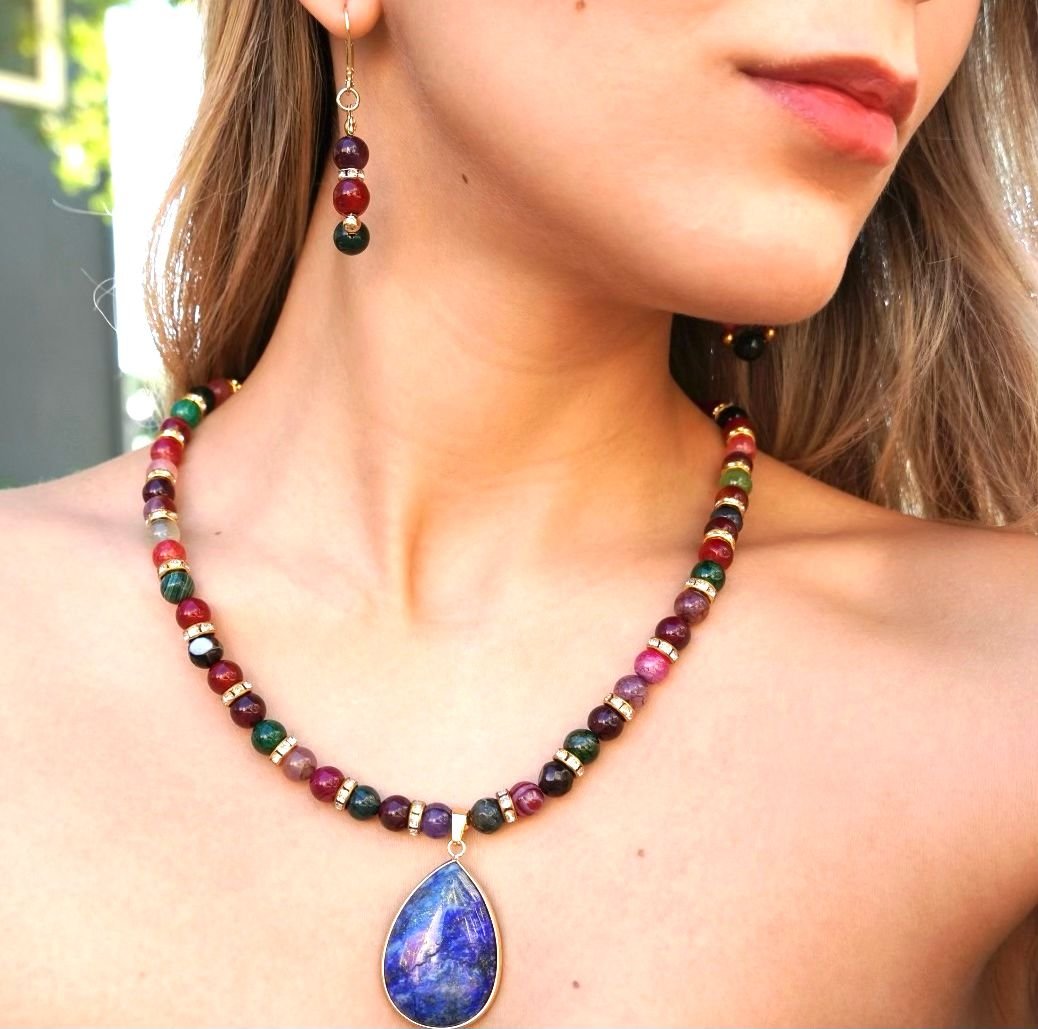 Elena's Jewelry Set in Natural Agate Stones and a Polished Natural Crystal Pendant