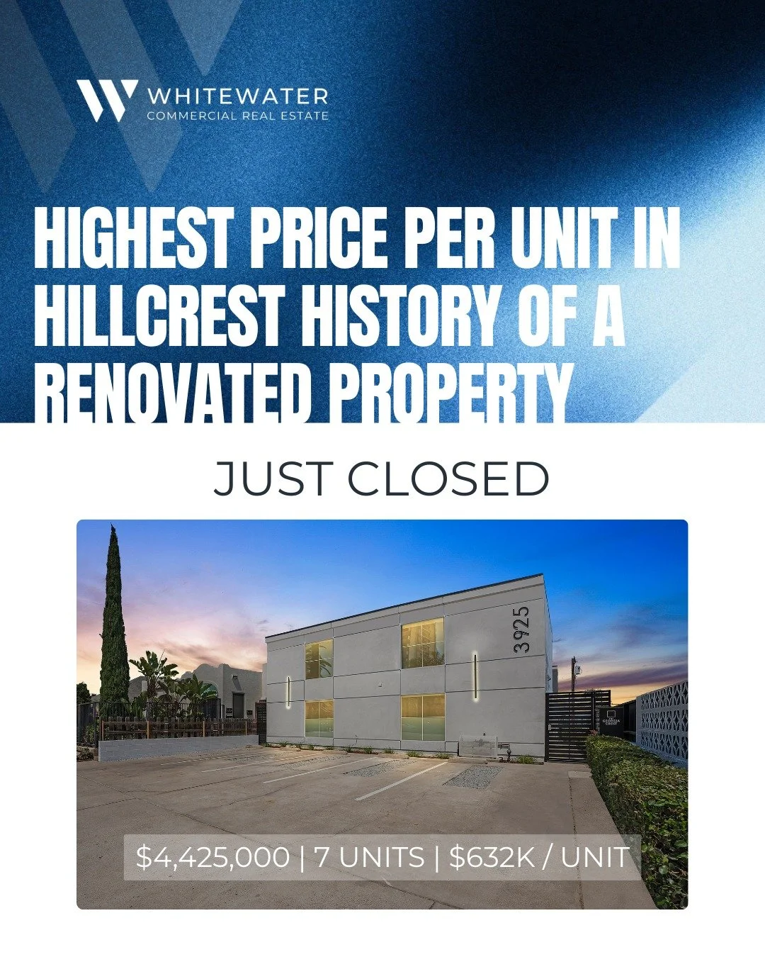 Record broken! Whitewater has set the highest price per unit in Hillcrest history of a renovated property! Very proud of our team on this record breaking sale!