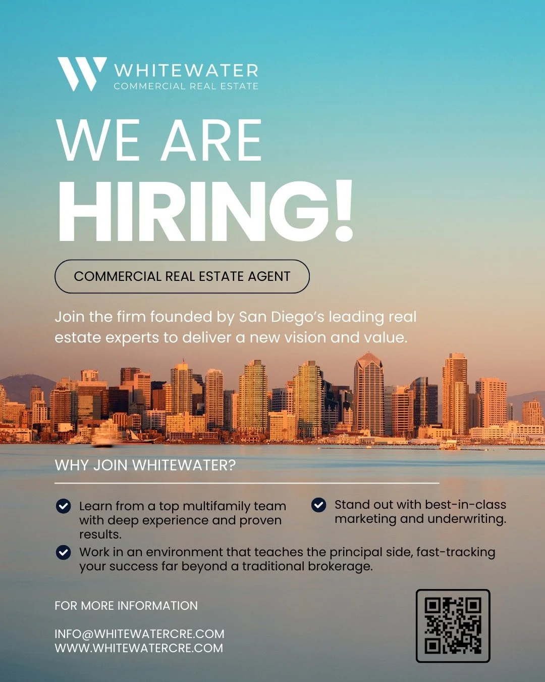 We are looking for the next wave of broker's to join Whitewater! 

Join the team that is bringing a new vision and value to the San Diego market! 

Don't let 2026 be just another year -make a change! 

For more info, email info@whitewatercre.com

#wh