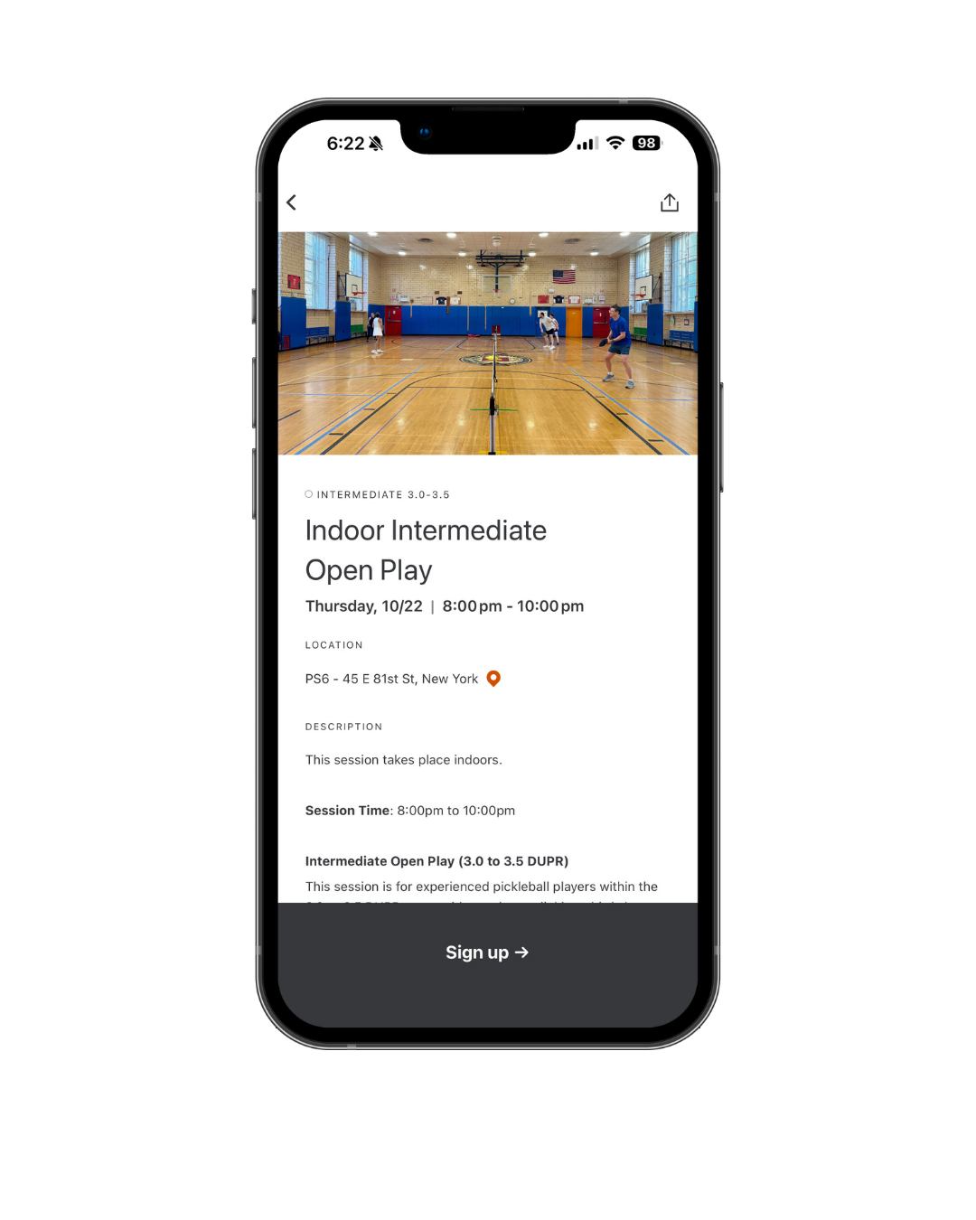 Screenshot of a mobile app displaying a pickleball match scheduled at SPORTIME RI on January 19th at 12:00 PM on a virtual schedule, showing 3 spots left and 2 hours duration, with host Kylene and other players listed.