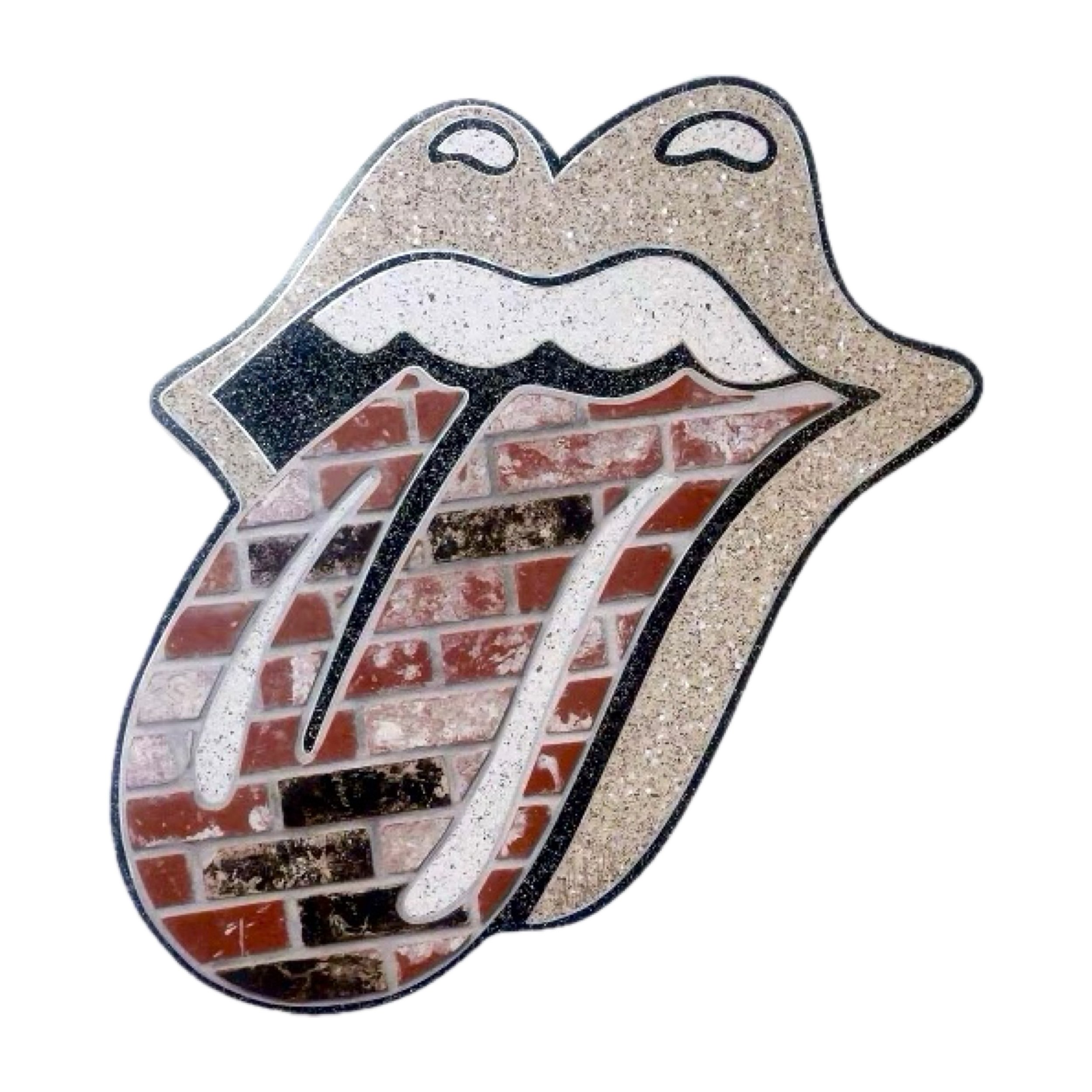 Image of terrazzo wall sculpture of the Rolling Stones lips and tongue logo.