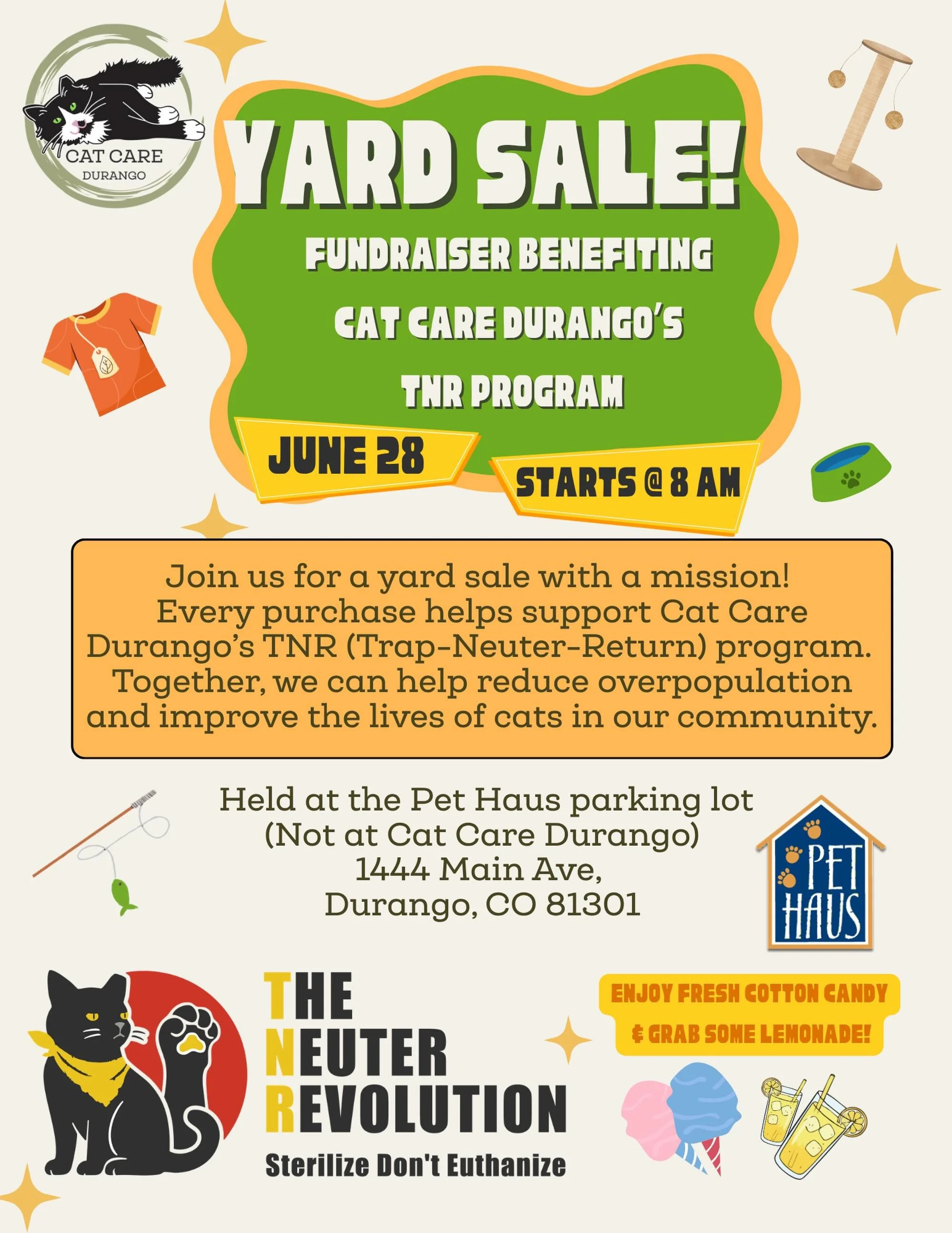 One person&rsquo;s clutter = another cat&rsquo;s future. 😸

Come shop The Neuter Revolution Yard Sale on June 28th and help us raise funds for Cat Care Durango&rsquo;s TNR program!

Every purchase helps provide spay/neuter services for community cat