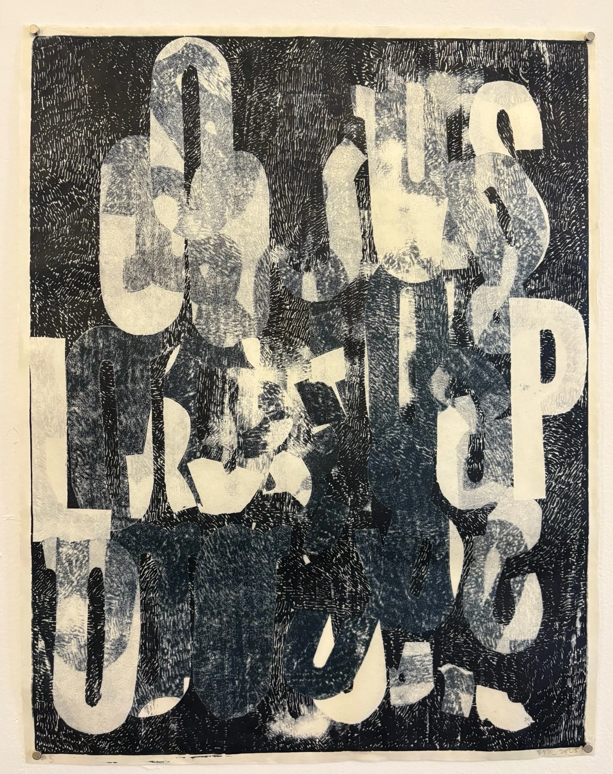 Beka Goedde, “Loops and loops and loops,” # 5, 2025, letterpress and relief ink on Kozo paper, 18