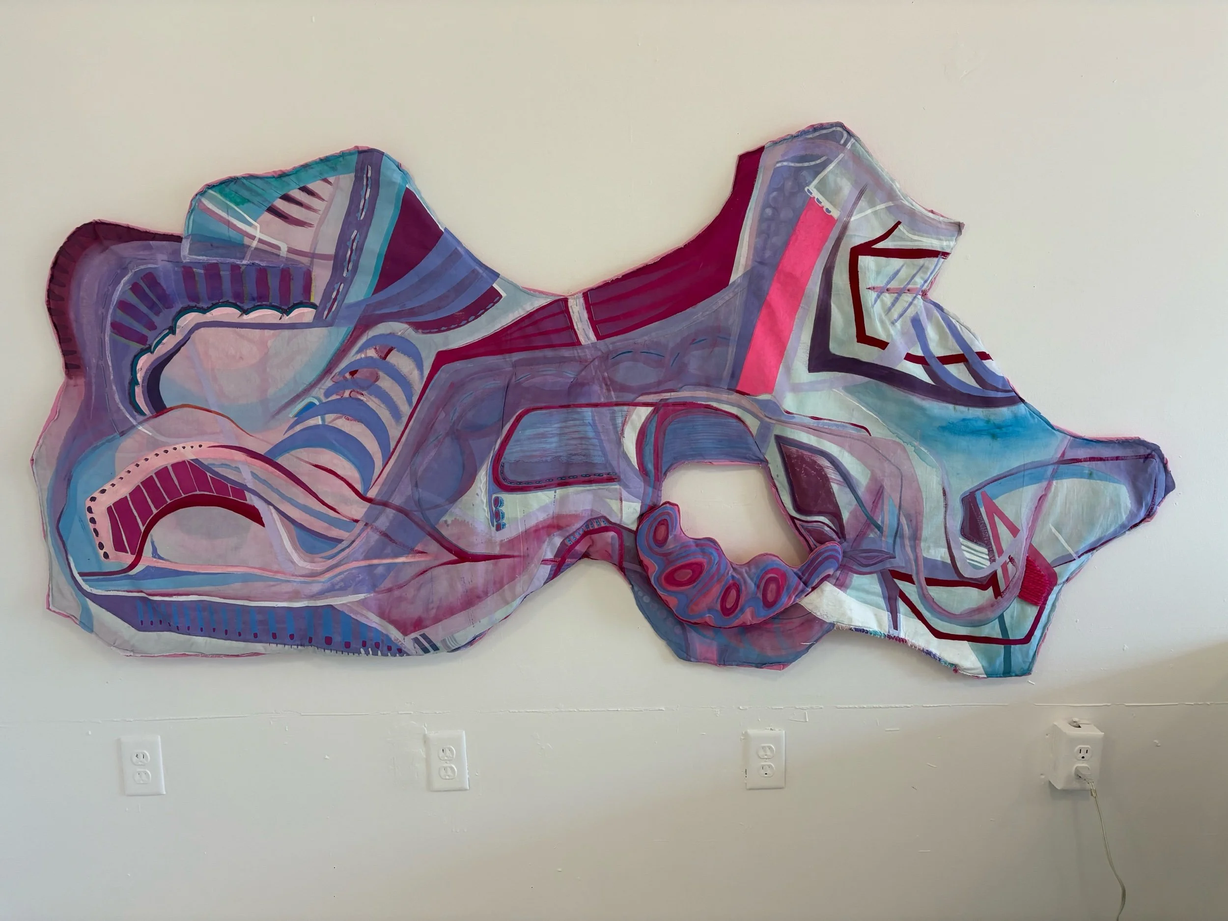 Pam Poquette, Paradise Plans, Acrylic Ink, Flashe Paint and Yarn on Stuffed Fabric, 81 x 54