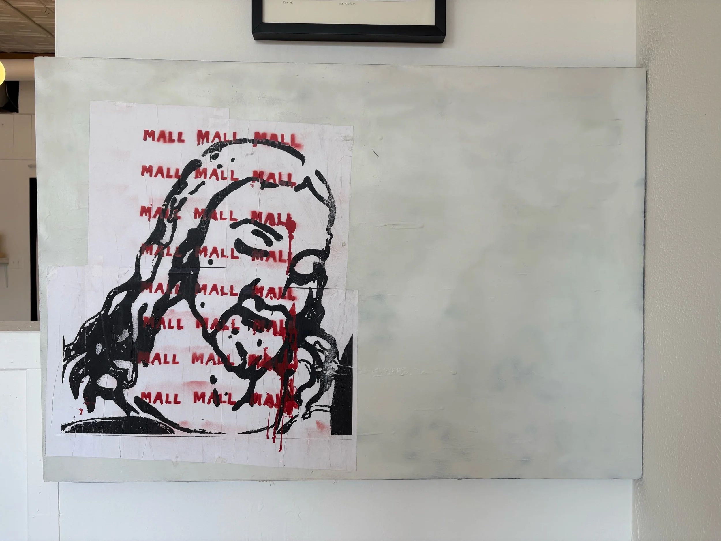 Sam Sebren, “Jesus Died For Our Malls”, gesso, acrylic, collage, spray enamel on canvas,   32” x 47”, 2007