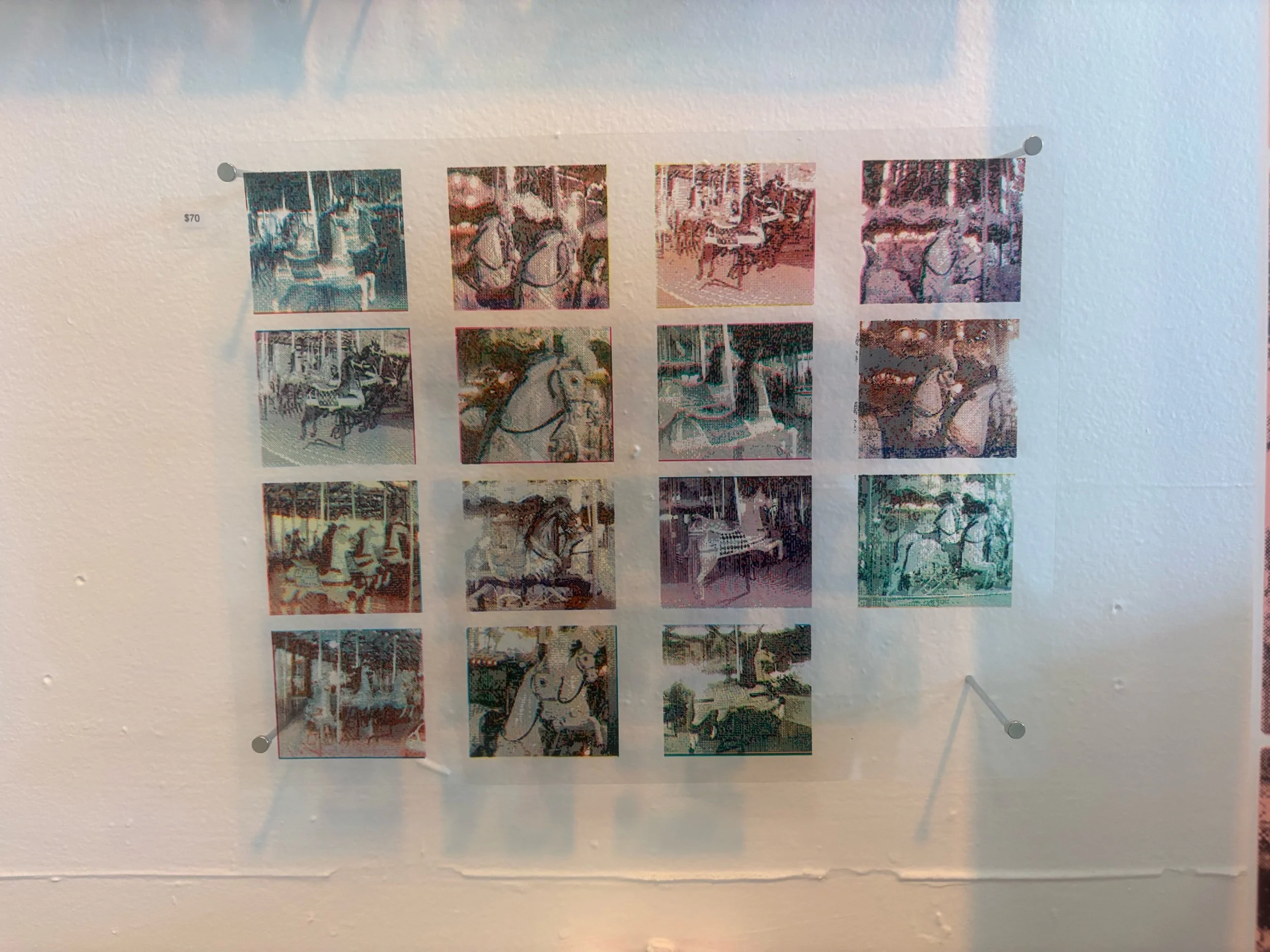 James Scott, Carousel of Warhorses for Battle Contact Sheet,  inkjet prints on acetate, magnets, nails, 2026